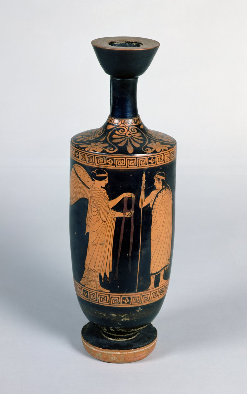 Attische Lekythos, darstellend eine Nike (geflügelter Sieg), die einem Jüngling einen Kranz reicht, ca. 480-470 v. Chr. von Greek