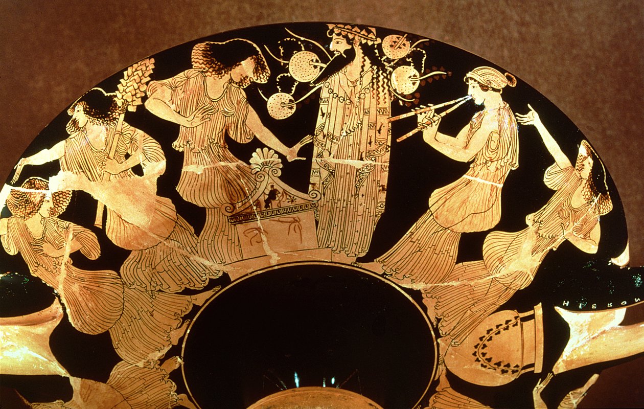 Attische rotfigurige Kylix, die Dionysos und die Mänaden darstellt, von dem Maler Makron, ca. 490-80 v. Chr. von Greek