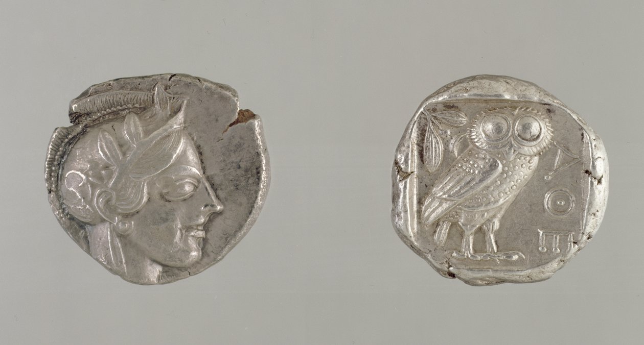 Beide Seiten einer Drachme, Kopf der Athena und eine Eule, aus Athen, ca. 450-440 v. Chr. von Greek
