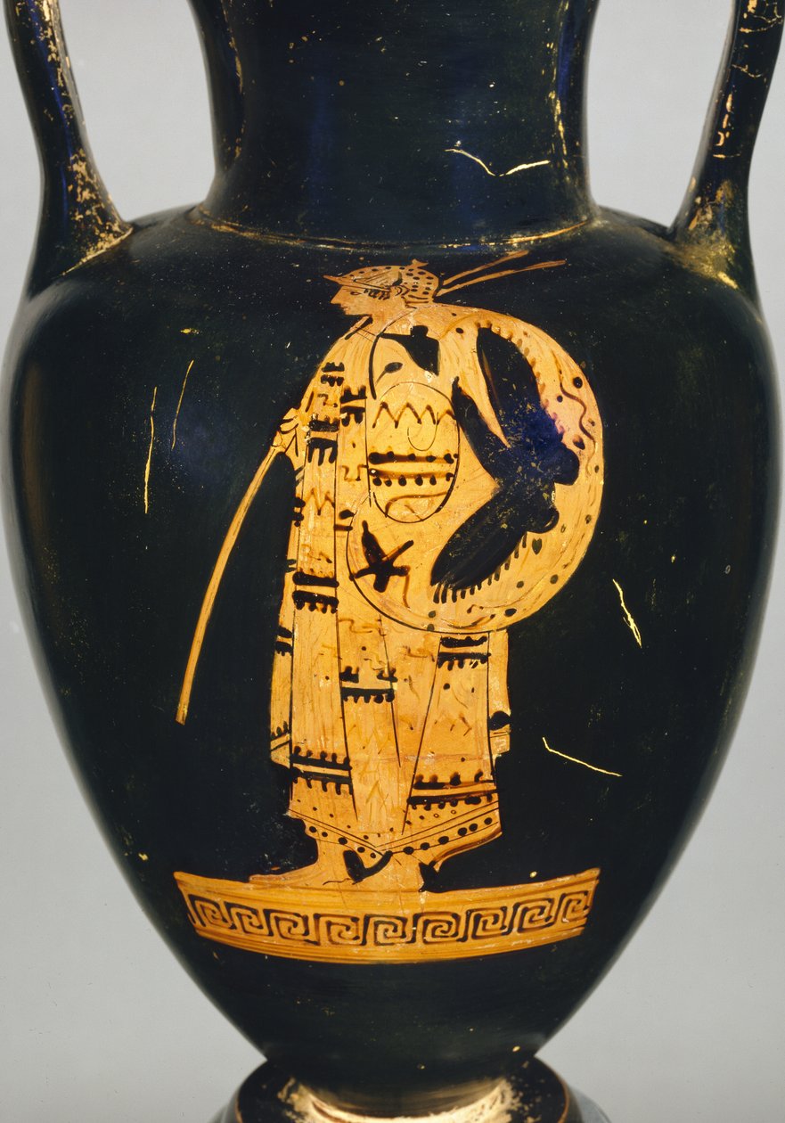 Detail einer attischen rotfigurigen Halsamphore mit einer Kriegerfigur von Greek