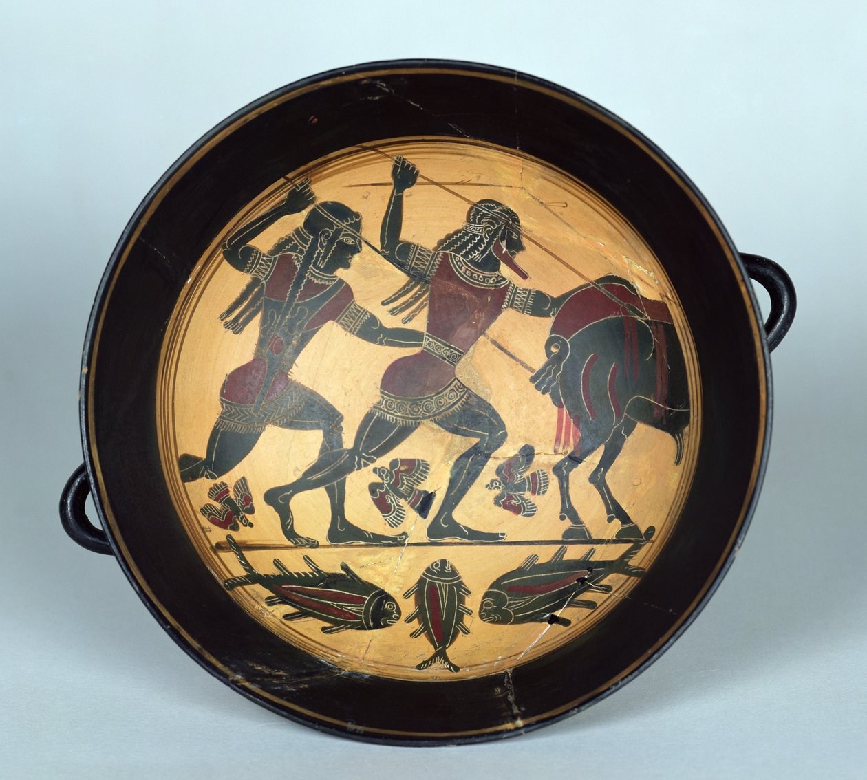 Innenansicht einer Tasse, die die Jagd auf den Eber von Kalydon darstellt, Lakonisch, ca. 560 v. Chr. von Greek
