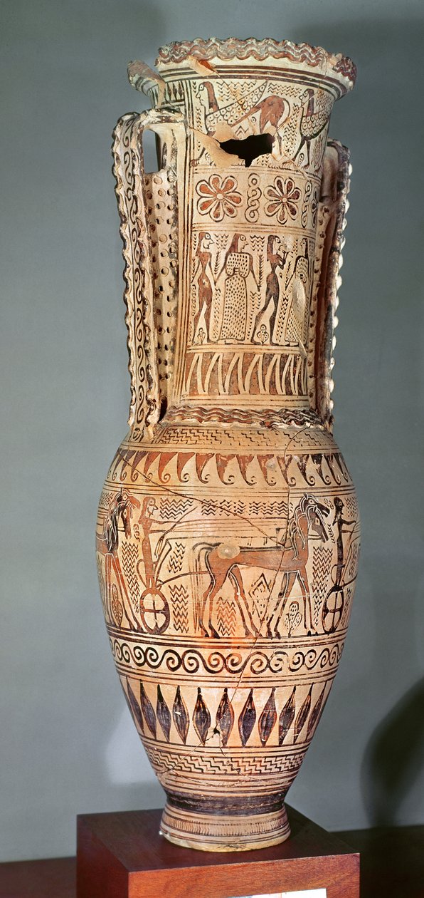 Loutrophoros, die eine Sphinx, verschiedene Figuren und eine Parade von Streitwagen darstellt, Proto-Attisch, ca. 690 v. Chr. von Greek