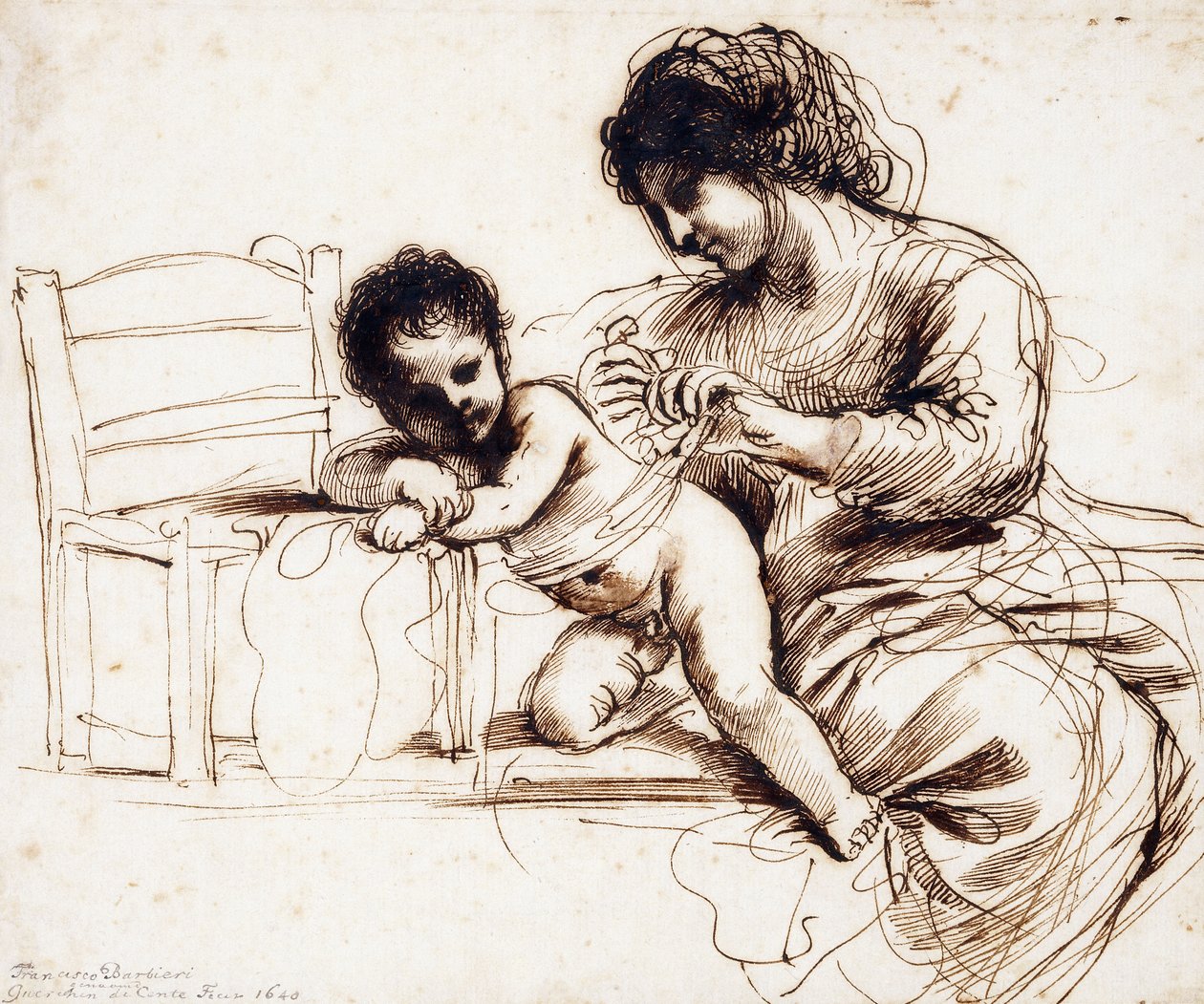 Eine Mutter und ein Kind neben einem Stuhl von Guercino