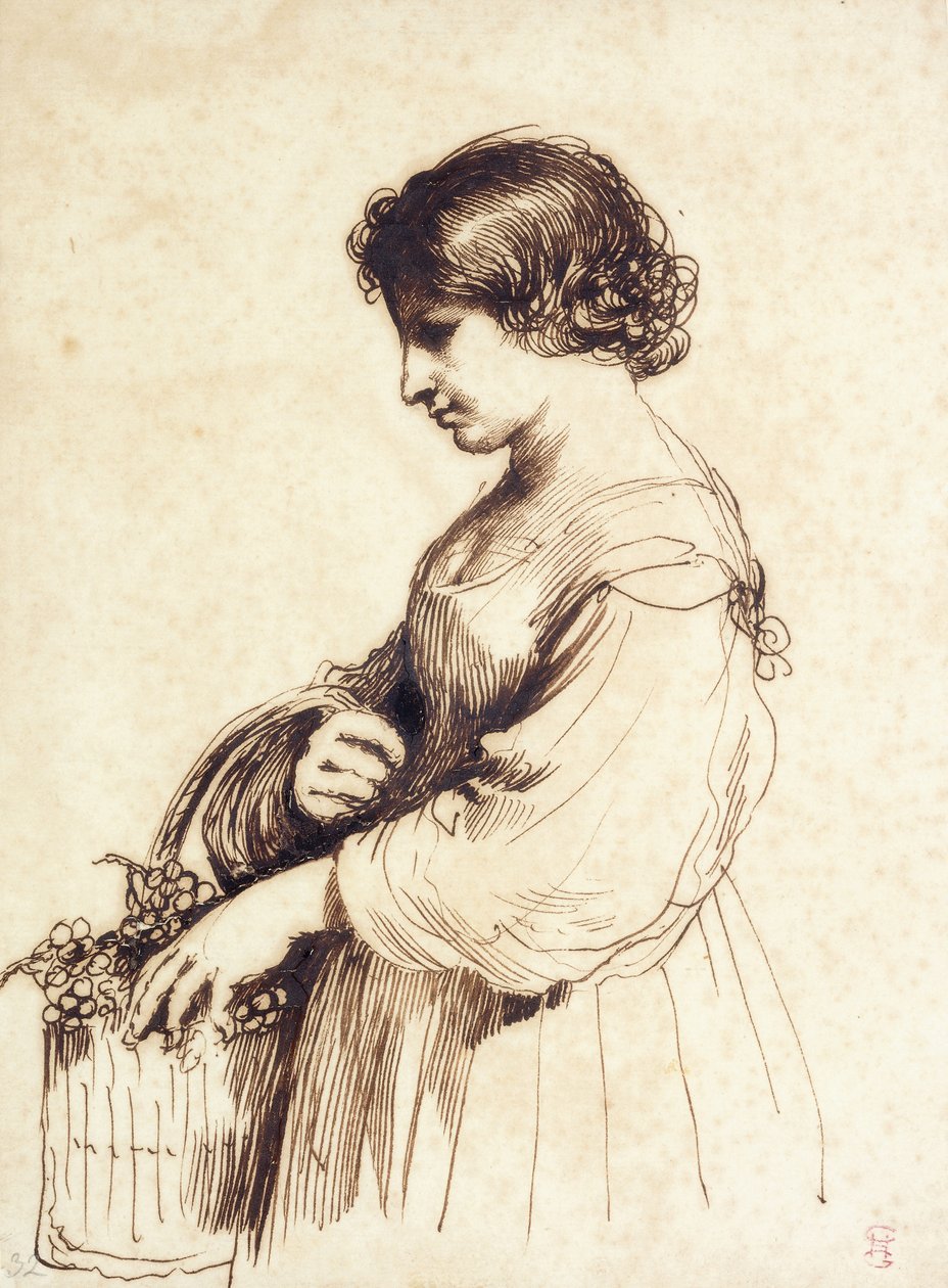 Eine junge Frau hält einen Obstkorb von Guercino
