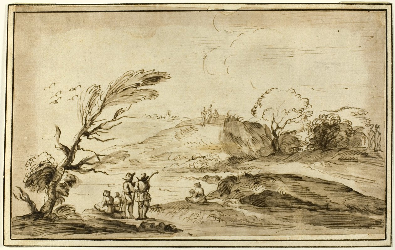 Zwei Gruppen von Figuren in einer Landschaft von Guercino