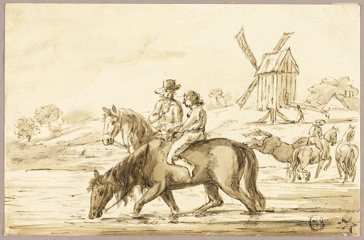 Pferde tränken in der Nähe der Windmühle von Guillaume Courtois
