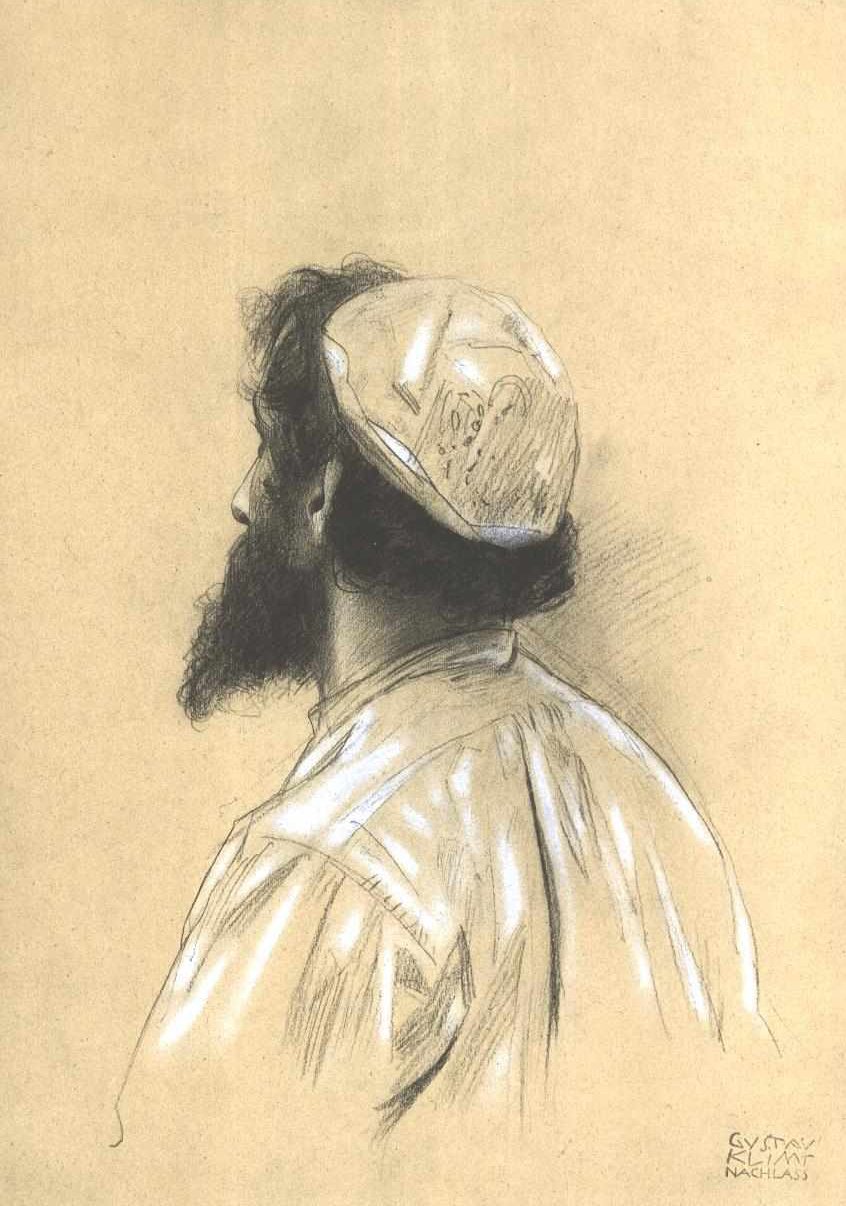 Bärtiger jüngerer Mann mit Kappe im verlorenen Profil nach links von Gustav Klimt