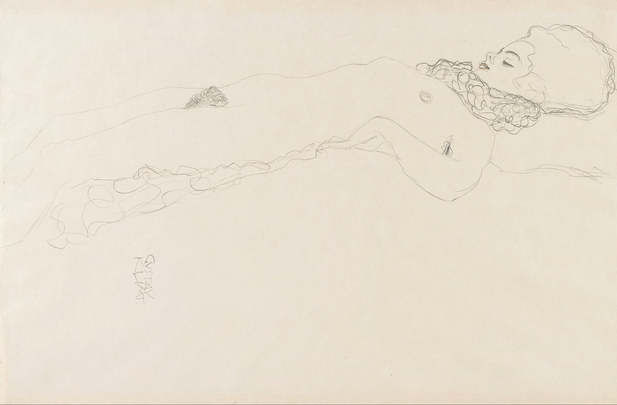 Nacktes Mädchen mit Halskrause, liegend von Gustav Klimt