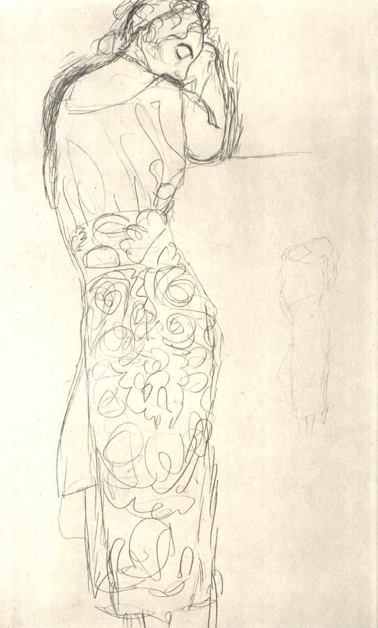 Rückenansicht einer stehenden Frau im gemusterten Rock von Gustav Klimt