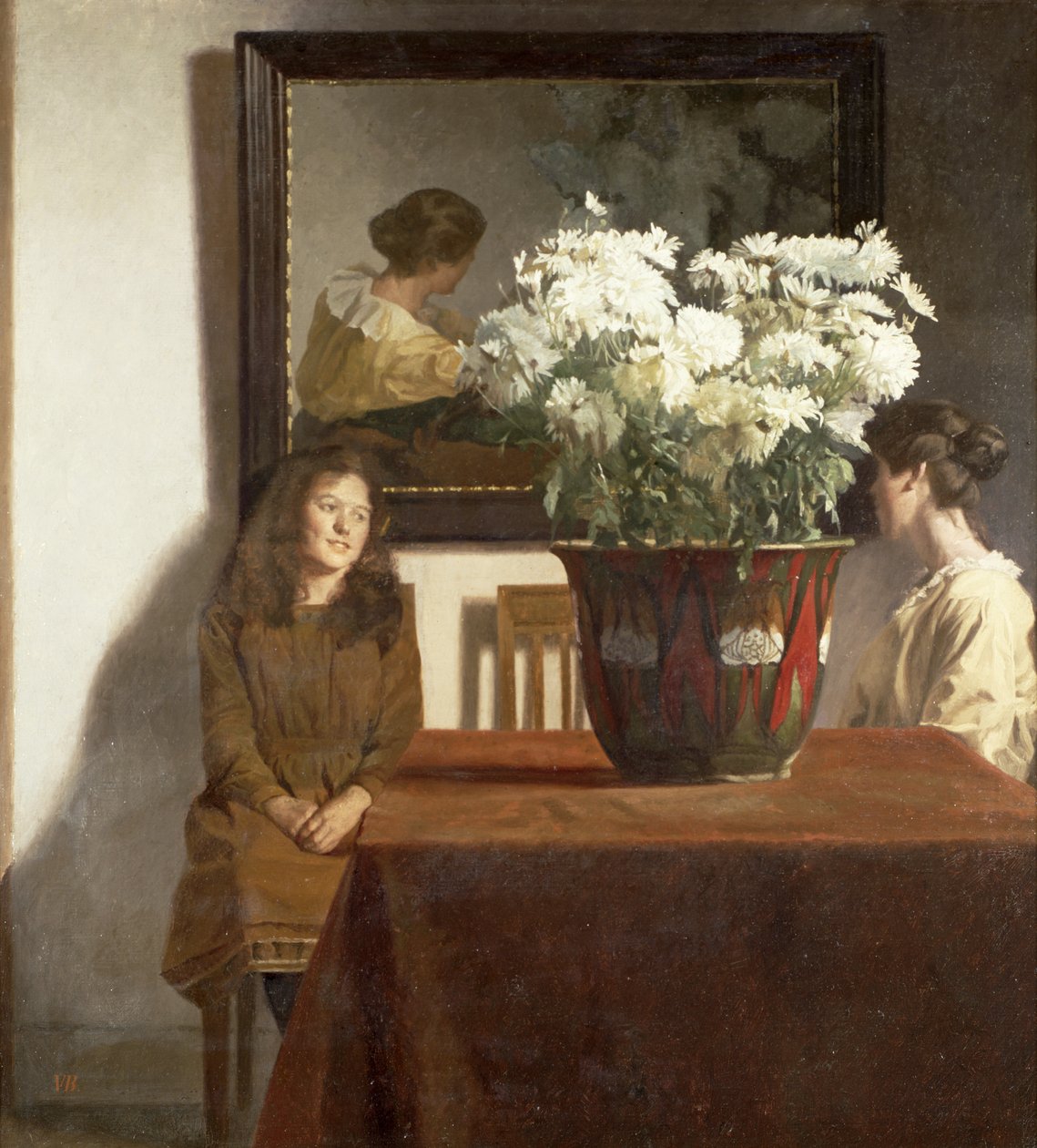 Figuren mit einer Schale weißer Chrysanthemen von Gustav Wilhelm Blom