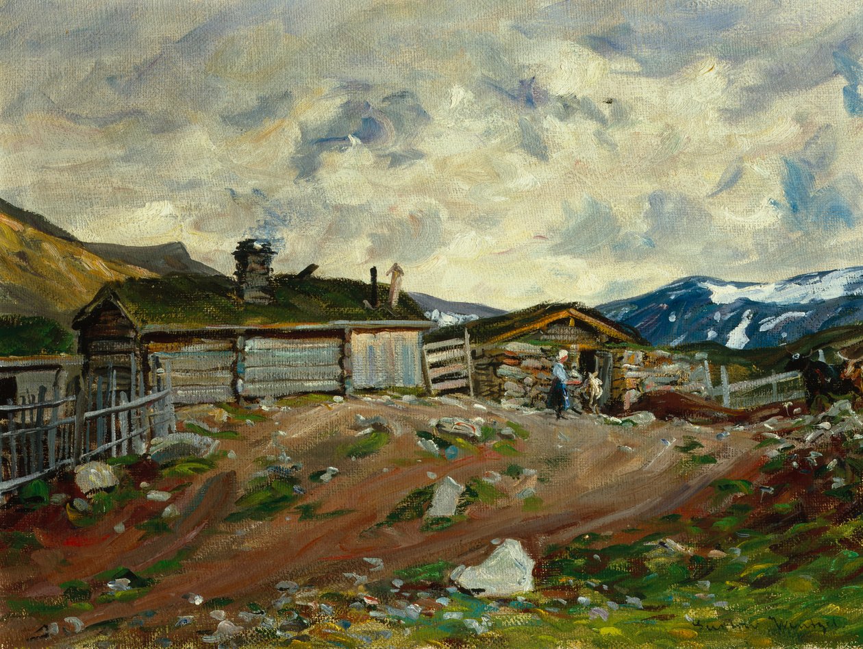 Bergbauernhof mit Frau und Kuh von Gustav Wentzel