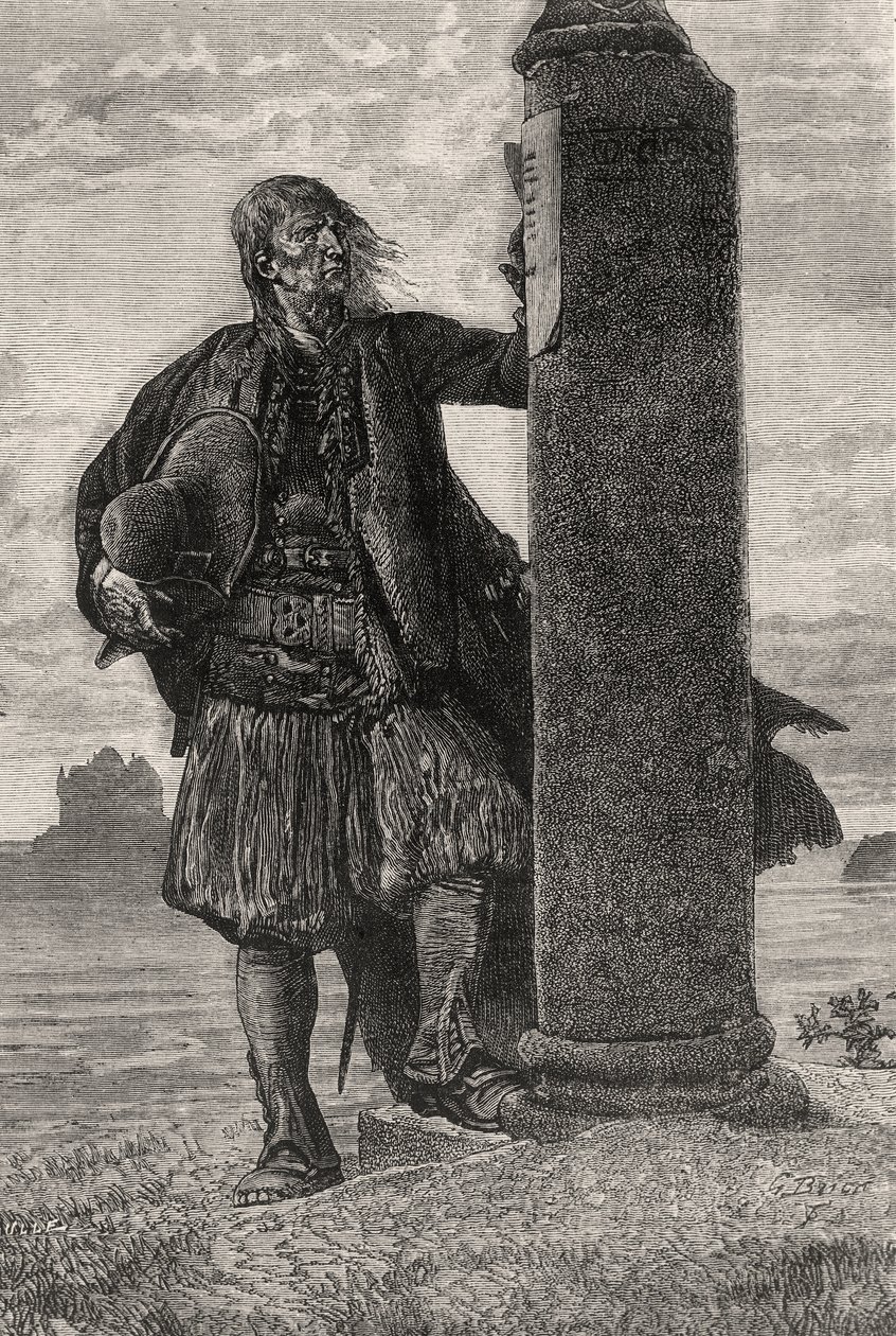 Der Marquis von Lantenac liest einen Haftbefehl an einer Säule - Illustration aus Quatre Vingt Treize, 19. Jahrhundert (Schwarz-Weiß-Radierung) von Gustave Brion