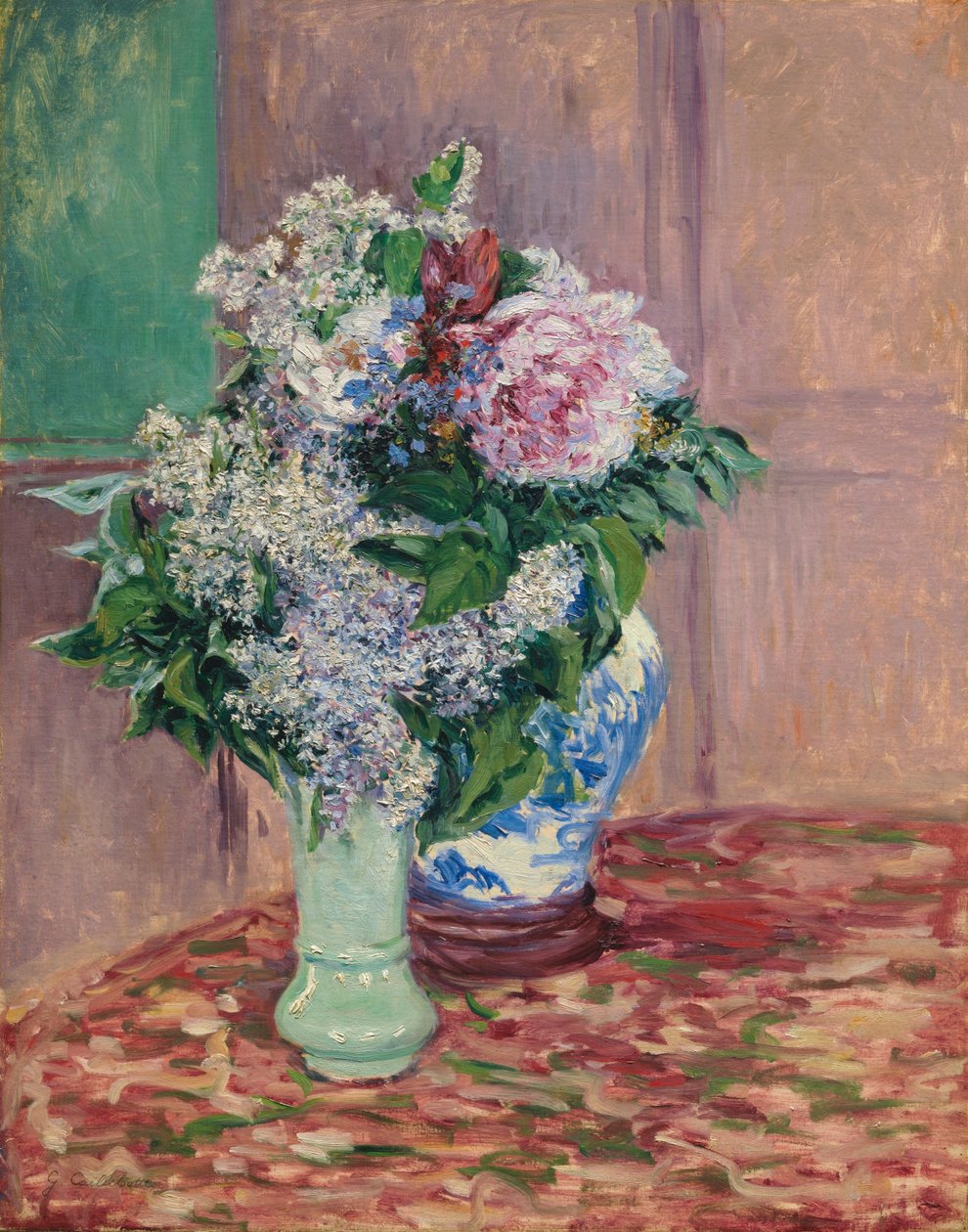 Flieder und Pfingstrosen in zwei Vasen von Gustave Caillebotte
