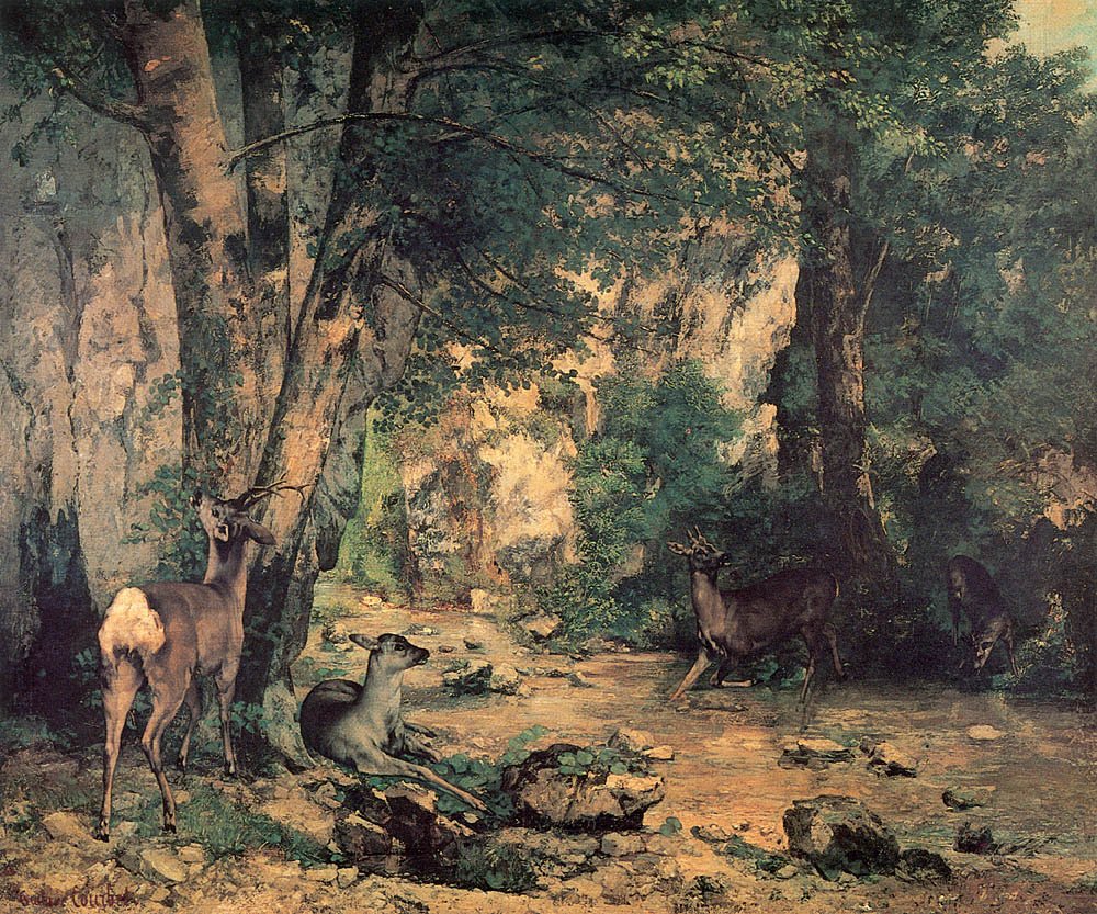 Ein Dickicht von Hirschen am Bach von Plaisir-Fontaine von Gustave Courbet