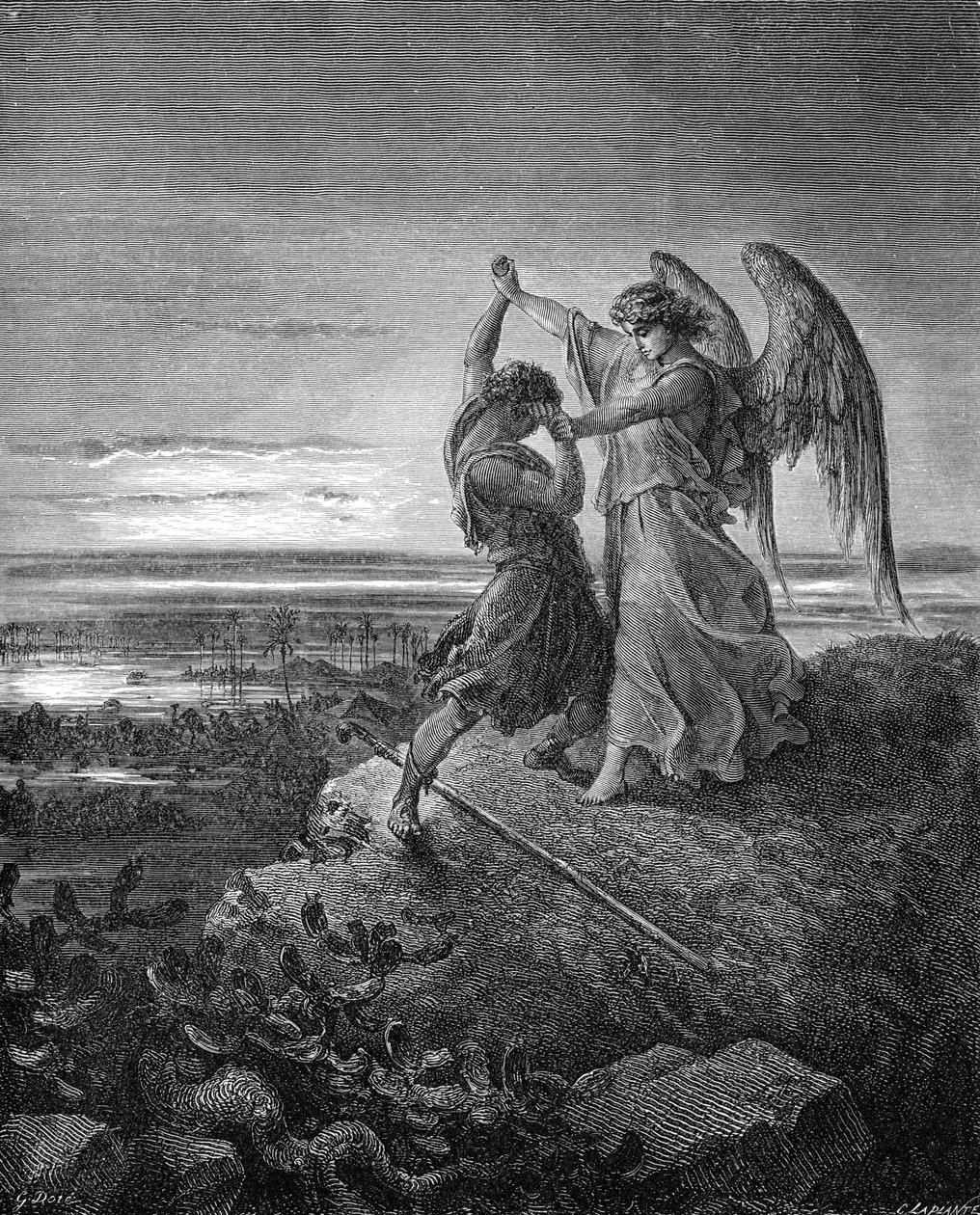 Jakob ringt mit dem Engel, Gravur von Doré von Gustave Dore