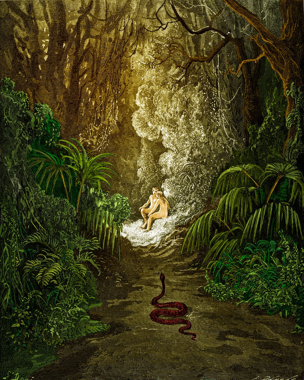 Das verlorene Paradies, von Milton: Die Schlange nähert sich von Gustave Dore