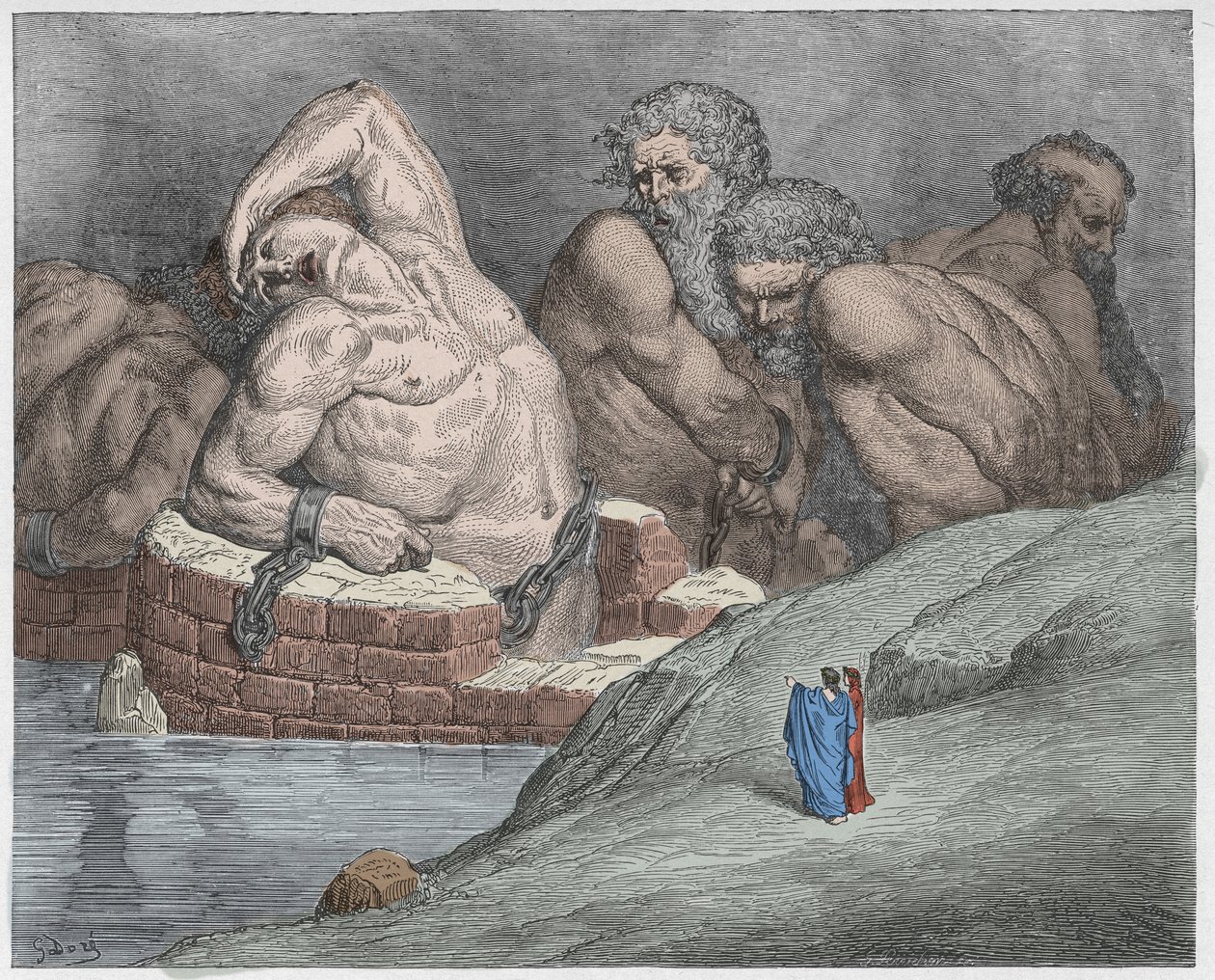 Inferno, Gesang 31: Ephialtes in Fesseln unter den Riesen (Illustration aus Die Göttliche Komödie von Dante Alighieri, 1885) von Gustave after Dore