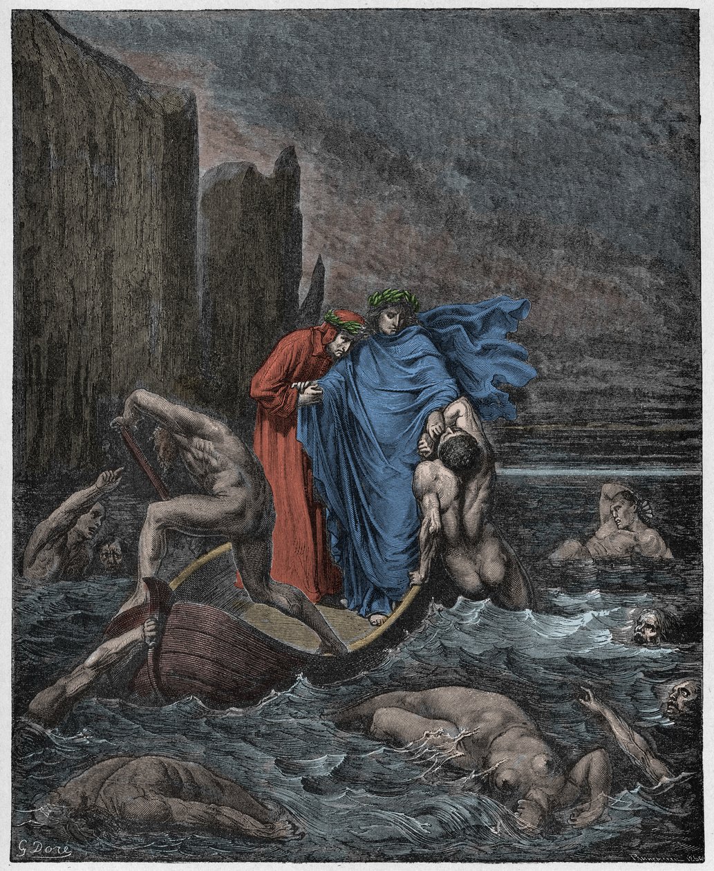 Inferno, Gesang 8: Die Seele des Florentiners Philippo Argenti begegnet den Dichtern auf dem Styx (Illustration aus Die Göttliche Komödie von Dante Alighieri, 1885) von Gustave after Dore