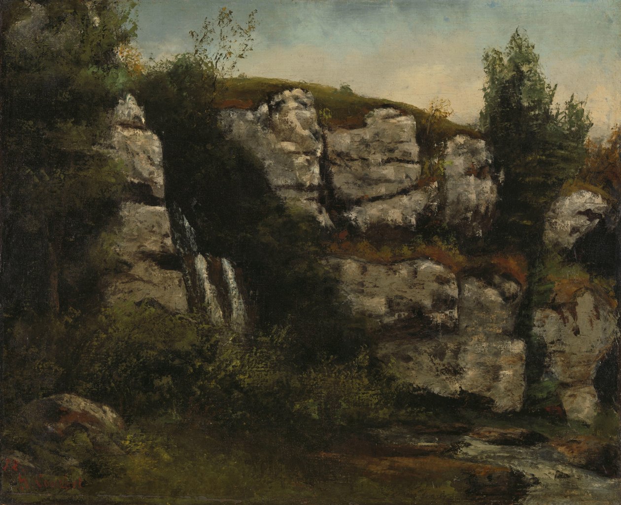 Landschaft mit felsigen Klippen und einem Wasserfall von Gustave Courbet