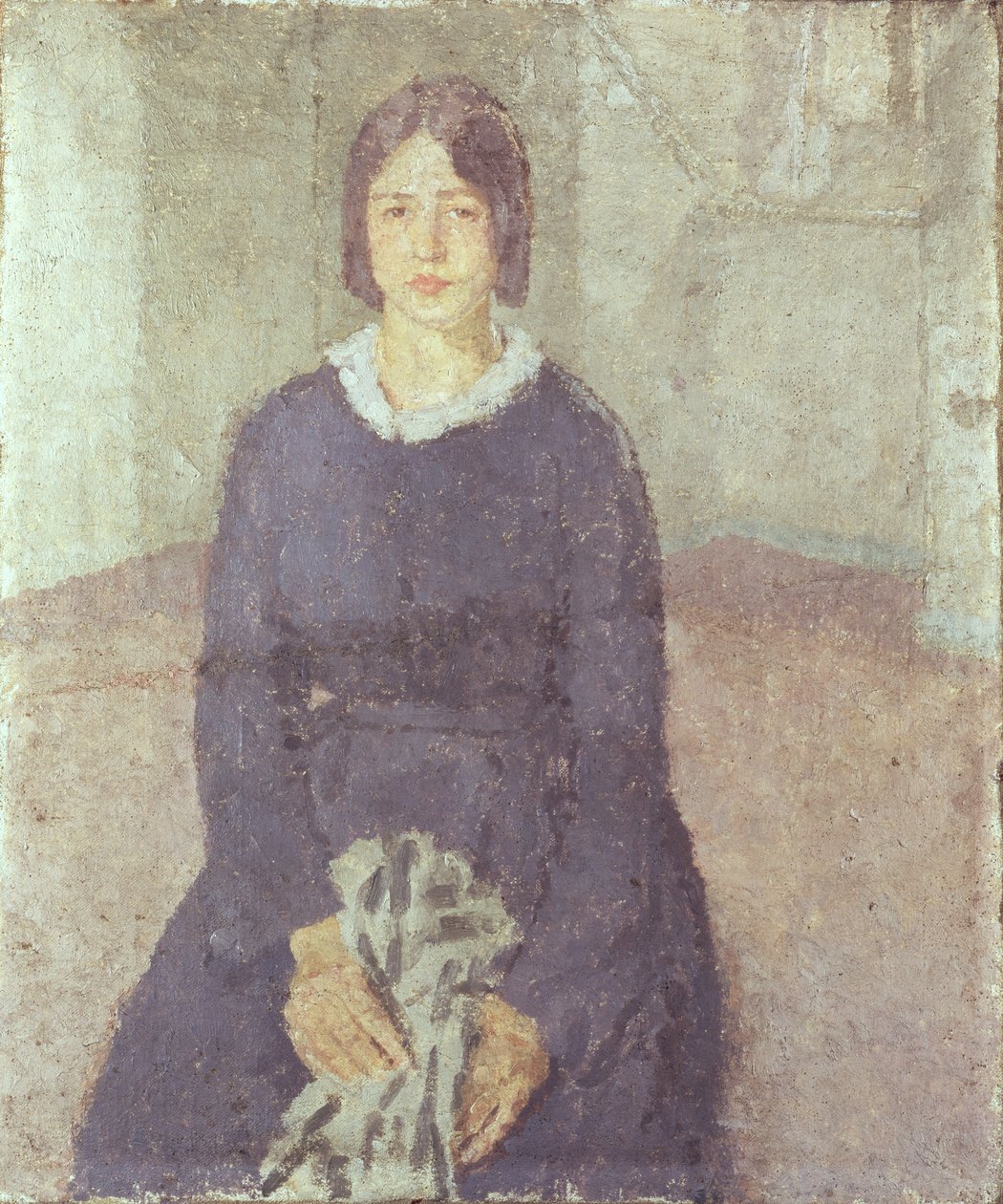 Mädchen in einem blauen Kleid, das ein Stück Näharbeit hält von Gwen John