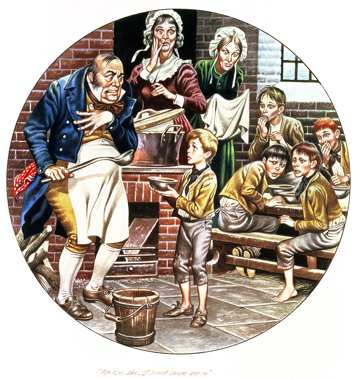 Die zweite Interpretation des Künstlers von Oliver Twist, der um mehr bittet, aus der 