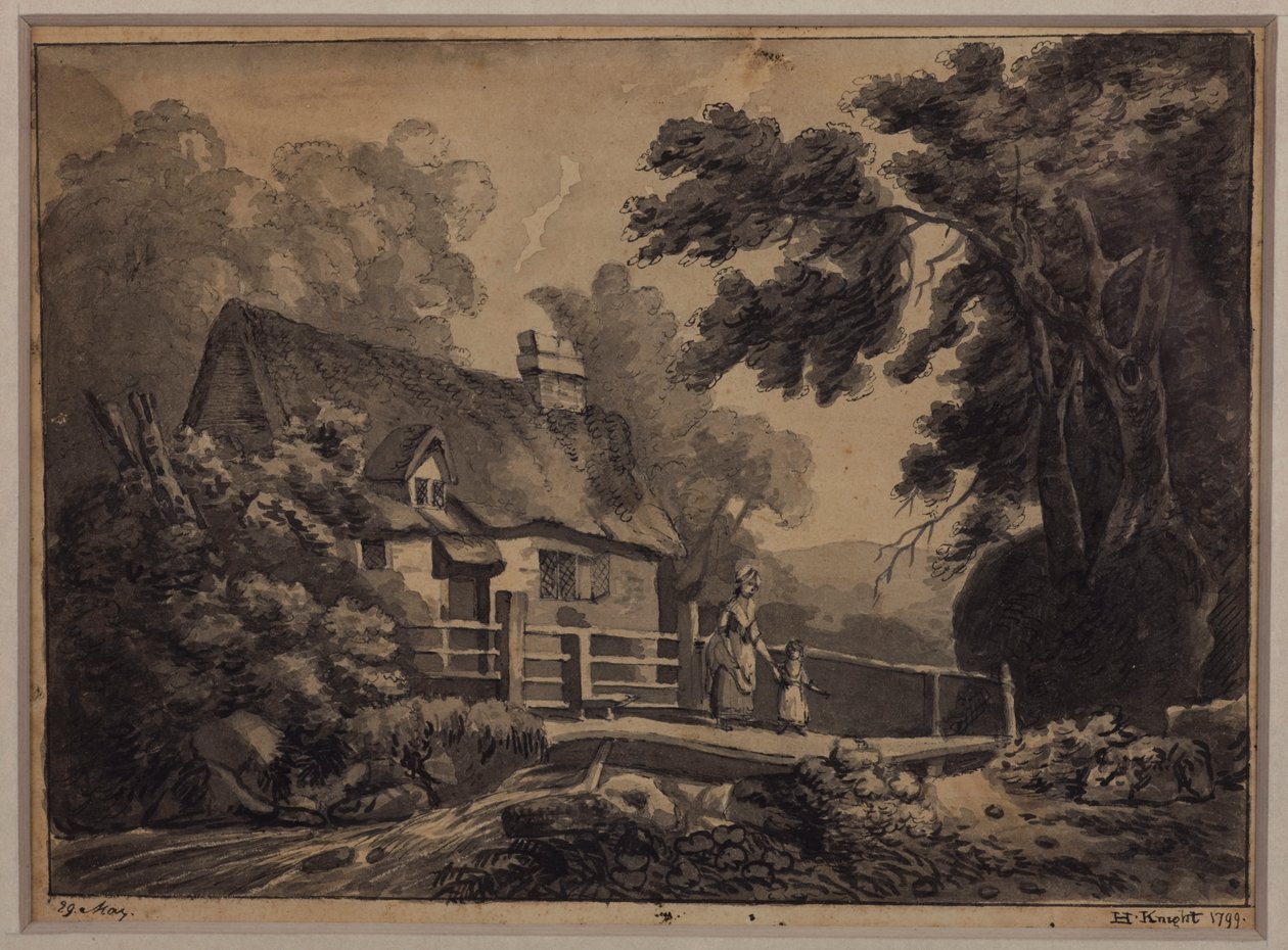 Eine Mutter und ein Kind überqueren einen Bach, 1799 von H. Knight