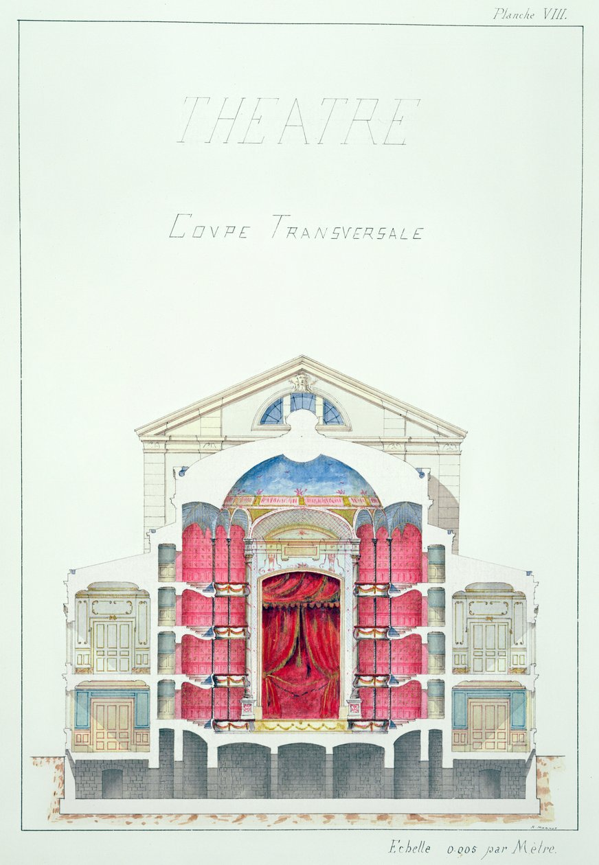 Querschnitt eines Theaters, Tafel VIII aus einem Folioband von Entwürfen, ca. 1870 von H. Monnot