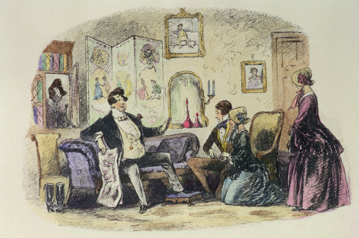Prinz Turveydrop segnet seinen Sohn und seine Schwiegertochter, als sie ihre Verlobung bekannt geben, mit Esther Summerson, die zuschaut, Illustration aus 