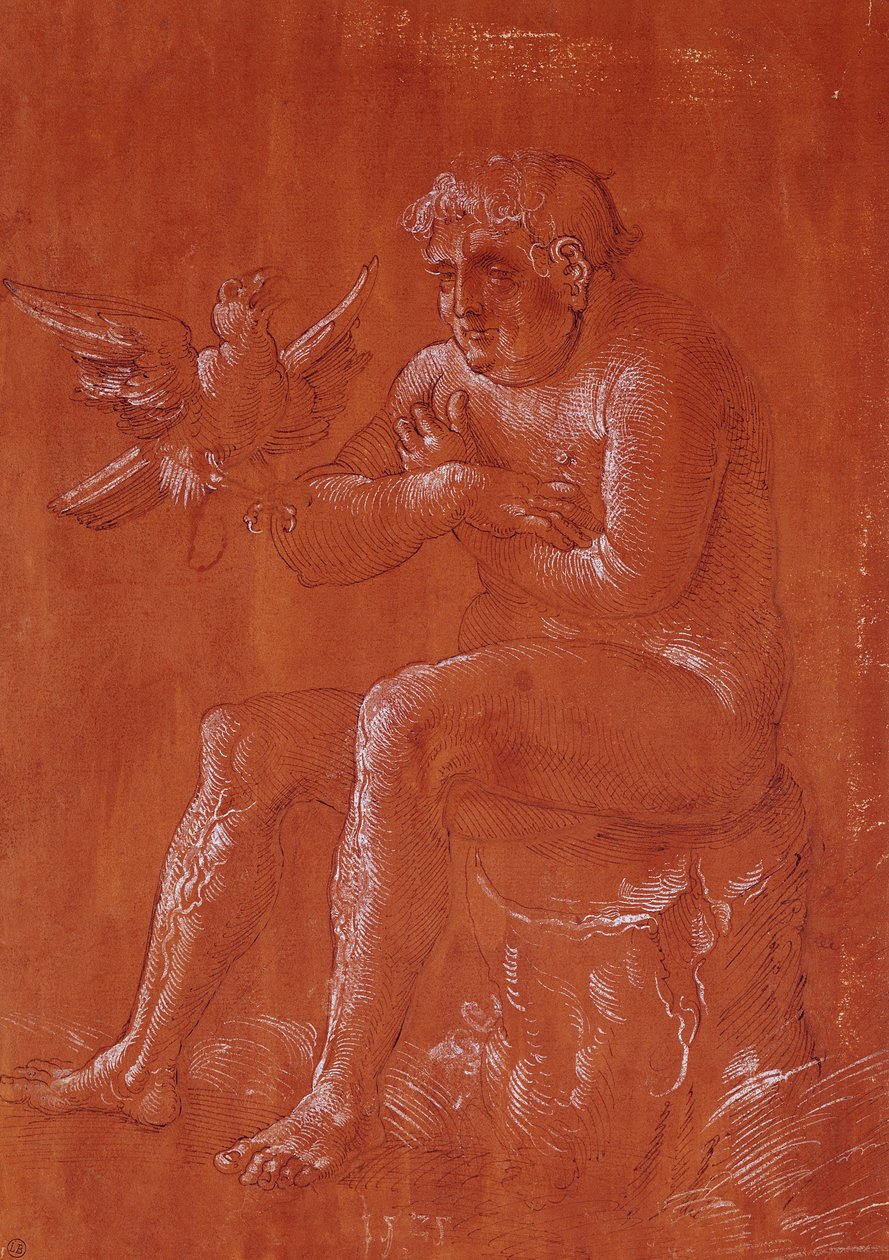 Nackter Mann sitzt auf einem Baumstamm und hört einem Papagei zu von Hans Baldung Grien