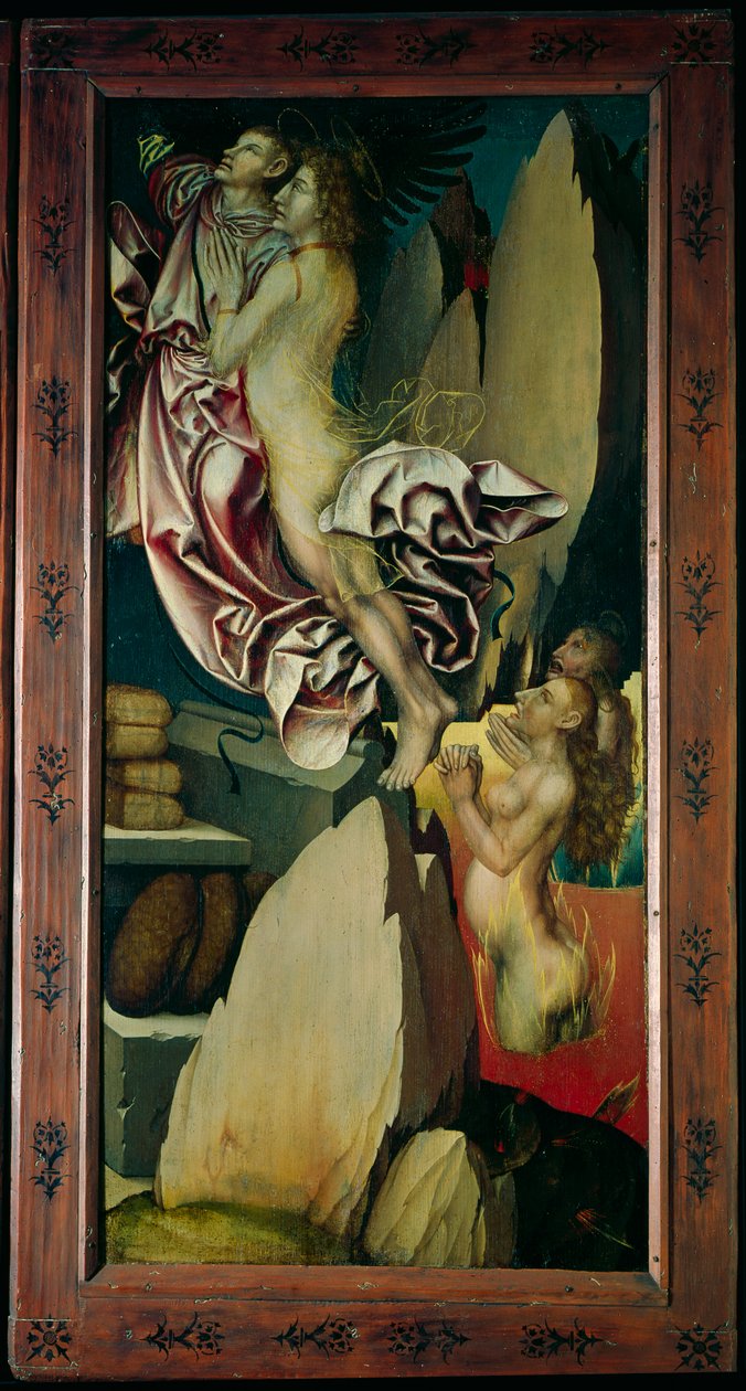 Bugnon-Altarbild, linkes Panel, das die Befreiung einer Seele aus dem Fegefeuer darstellt, ca. 1507 von Hans Fries