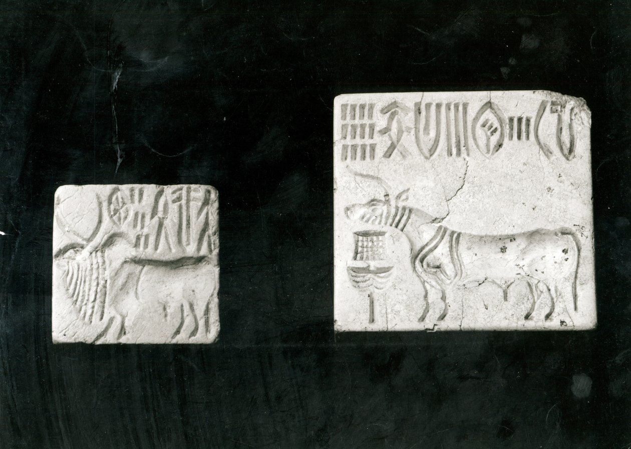 Zwei verzierte Siegel, die einen Buckelstier und einen Stier darstellen, aus Mohenjodaro, Protohistorisch von Harappan