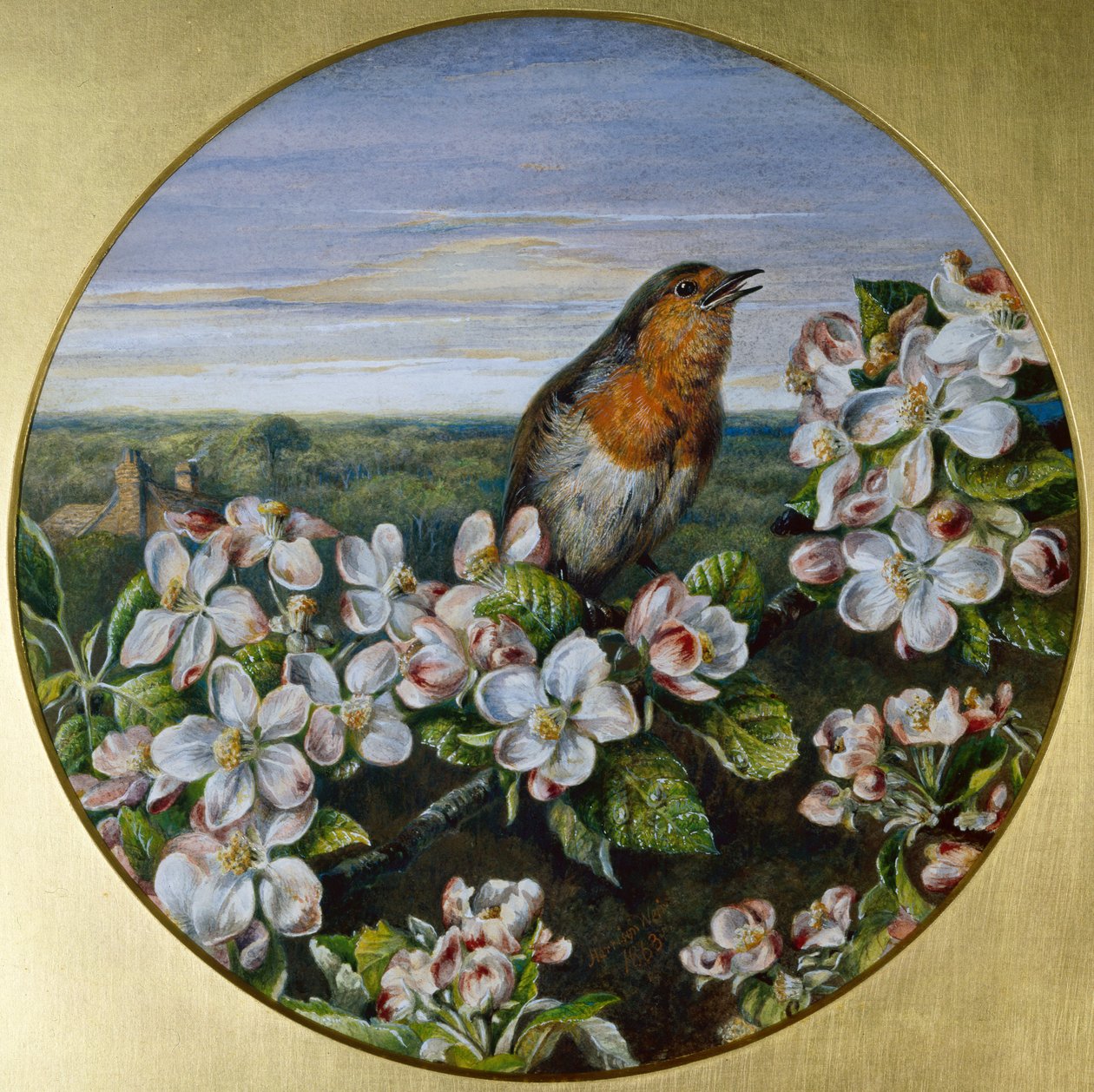 Ein Rotkehlchen unter Blüten von Harrison William Weir