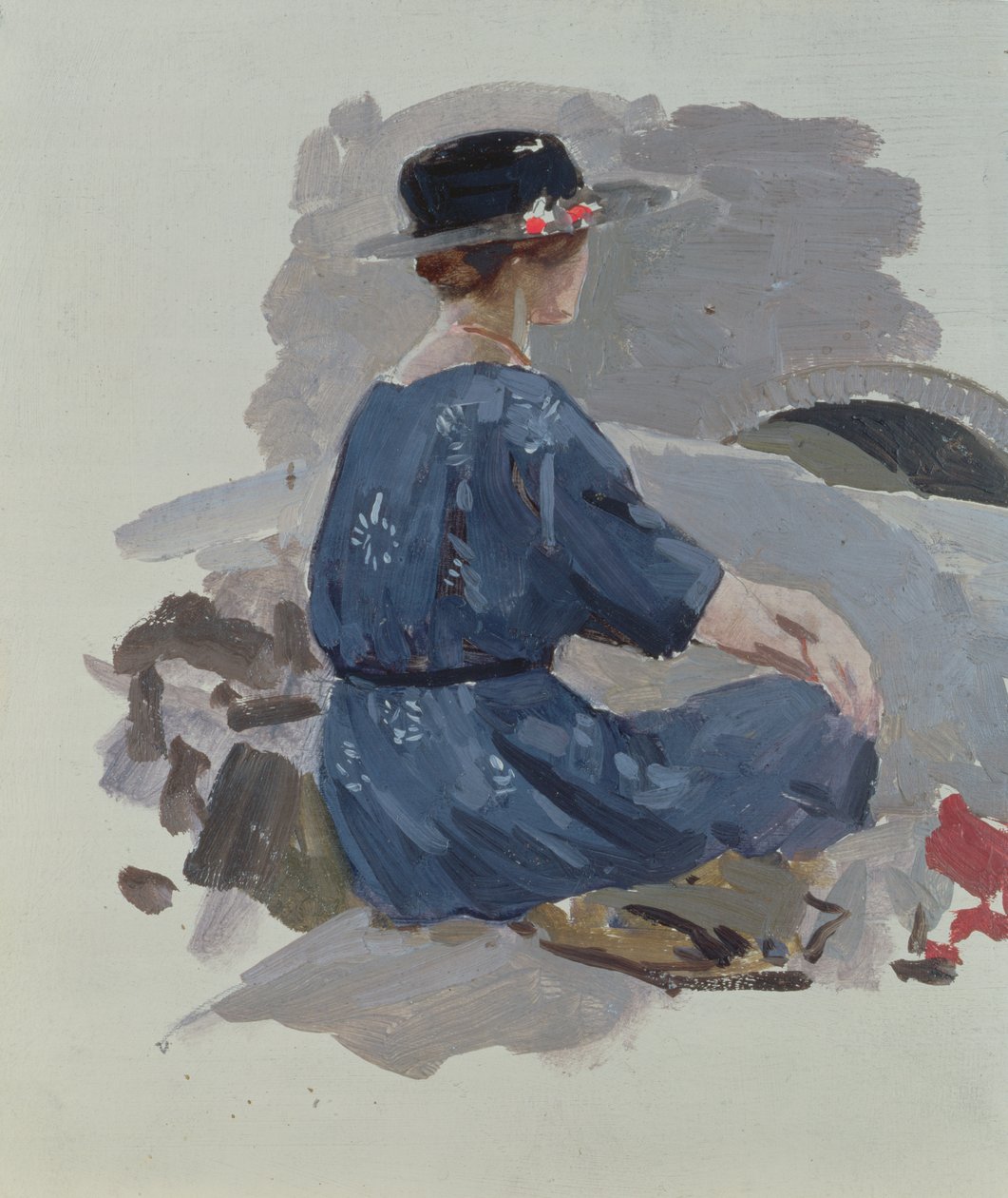 Frau in einem blauen Kleid und breitkrempigem Hut, die auf Felsen sitzt von Harry Watson