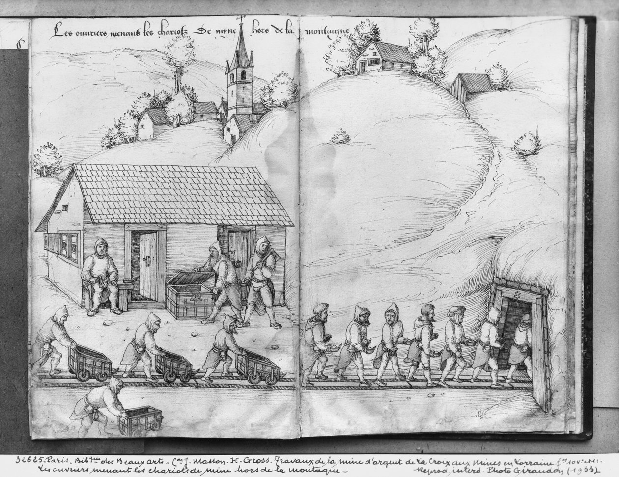 Silbermine von La Croix-aux-Mines, Lothringen, fol.10v und fol.11r, Bergleute schieben Wagen, ca. 1530 von Heinrich Gross or Groff
