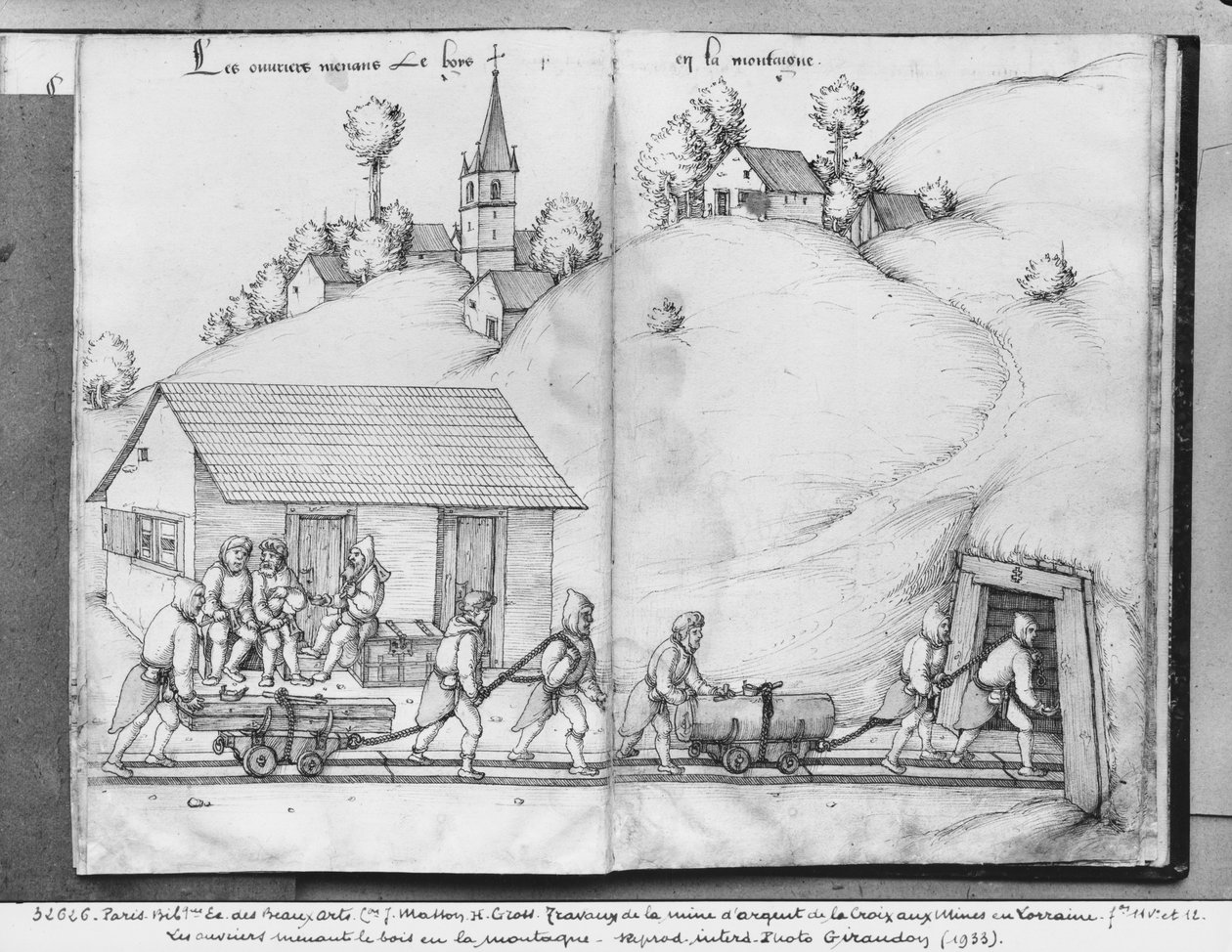 Silbermine von La Croix-aux-Mines, Lothringen, fol.11v und fol.12r, Bergleute bringen Holz in die Mine, ca. 1530 von Heinrich Gross or Groff