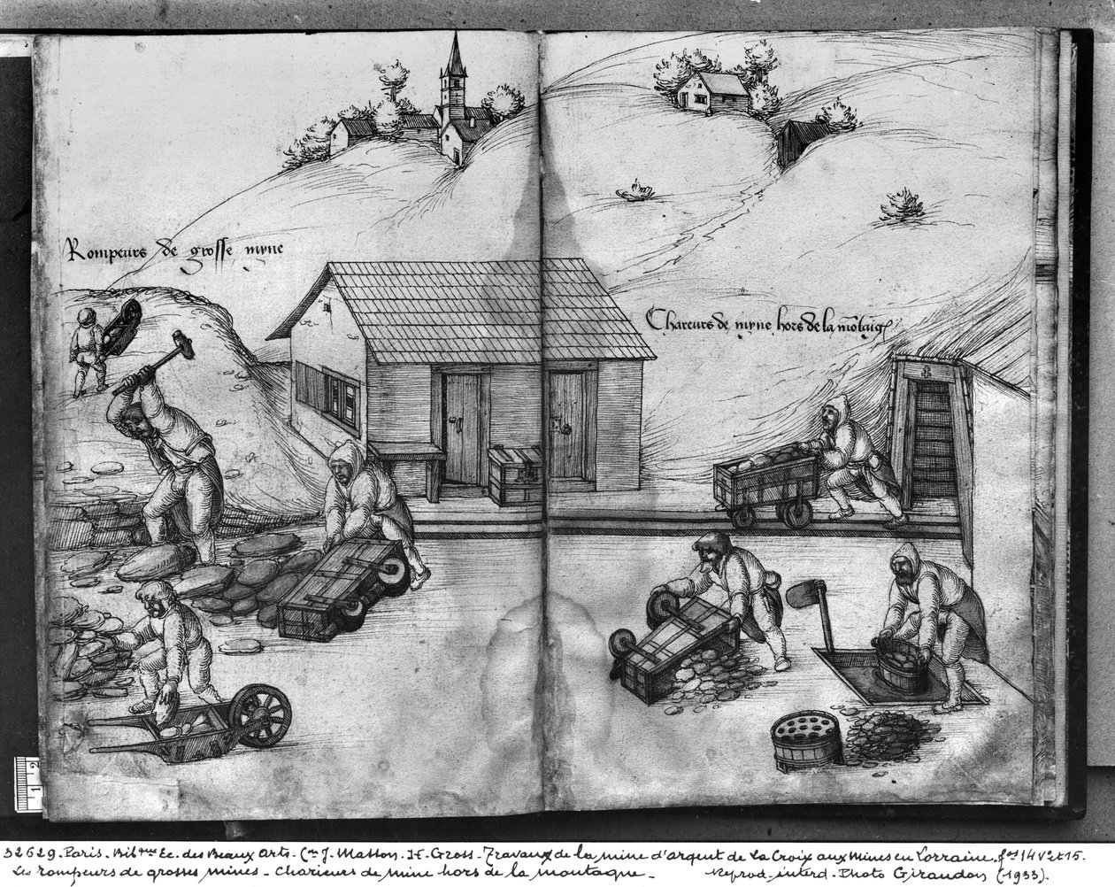Silbermine von La Croix-aux-Mines, Lothringen, fol.14v und fol.15r, Erzabbau und -transport, ca. 1530 von Heinrich Gross or Groff