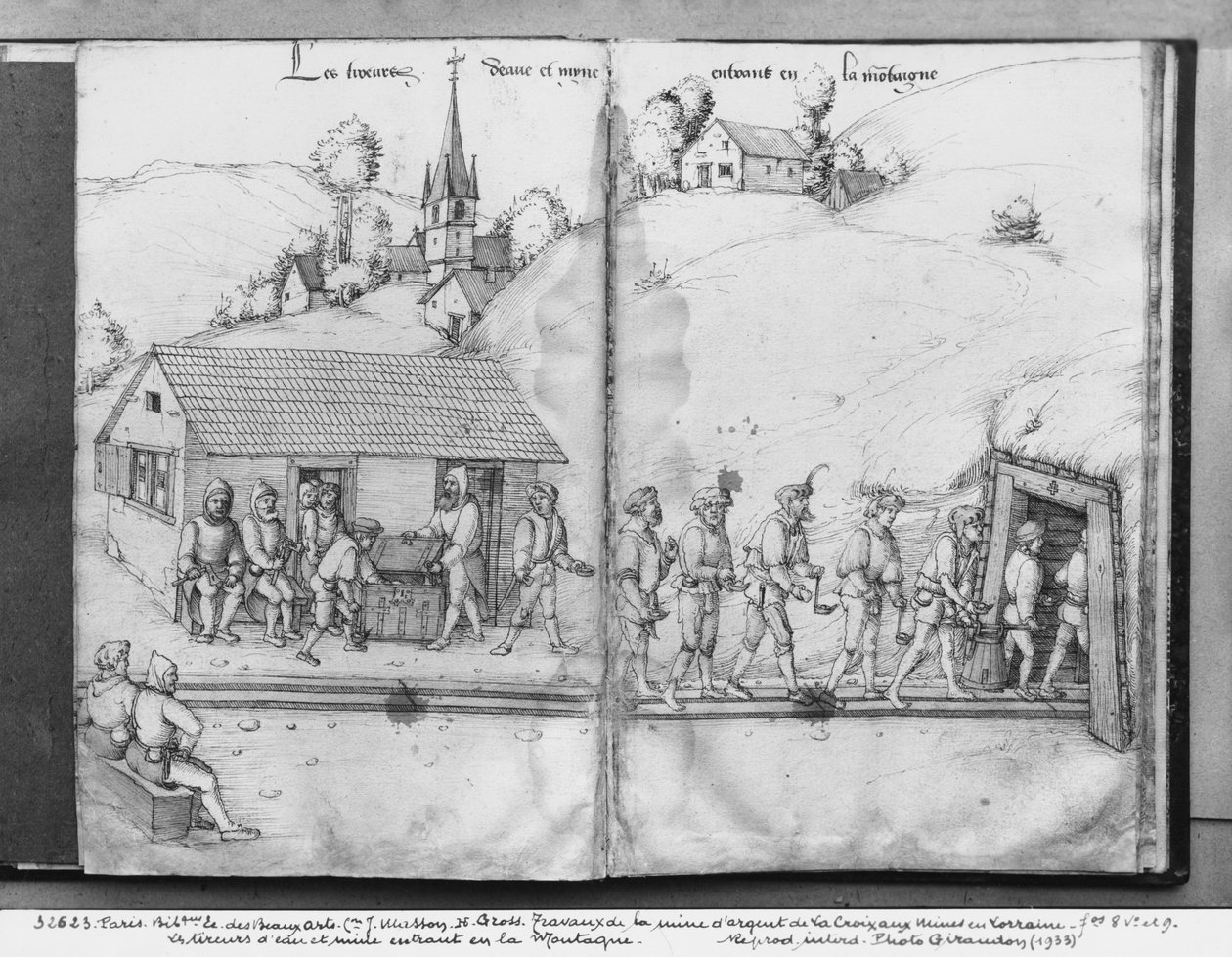 Silbermine von La Croix-aux-Mines, Lothringen, fol.8v und fol.9r, Bergleute betreten die Mine, ca. 1530 von Heinrich Gross or Groff