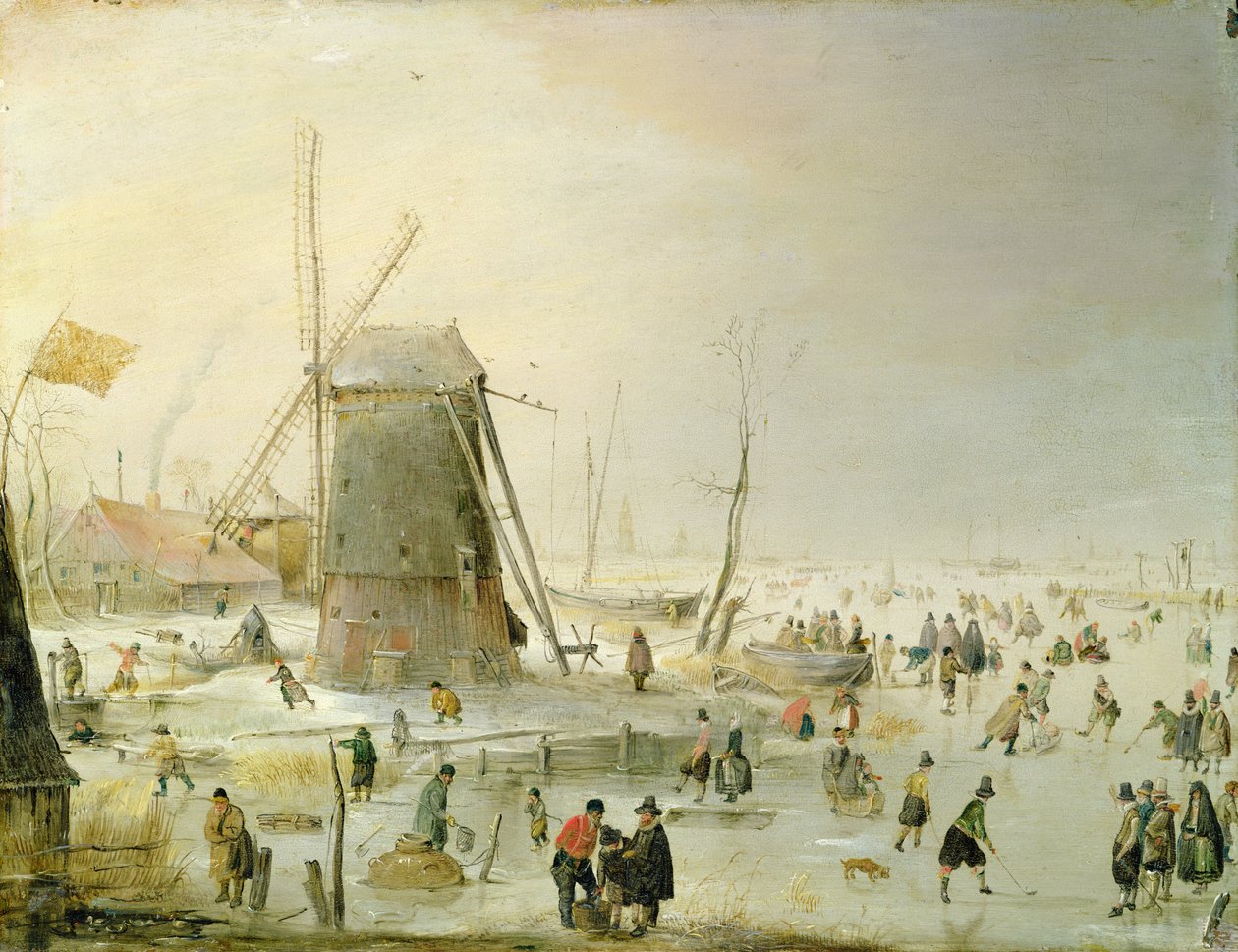 Eine Winterszene mit Schlittschuhläufern bei einer Windmühle von Hendrick Avercamp