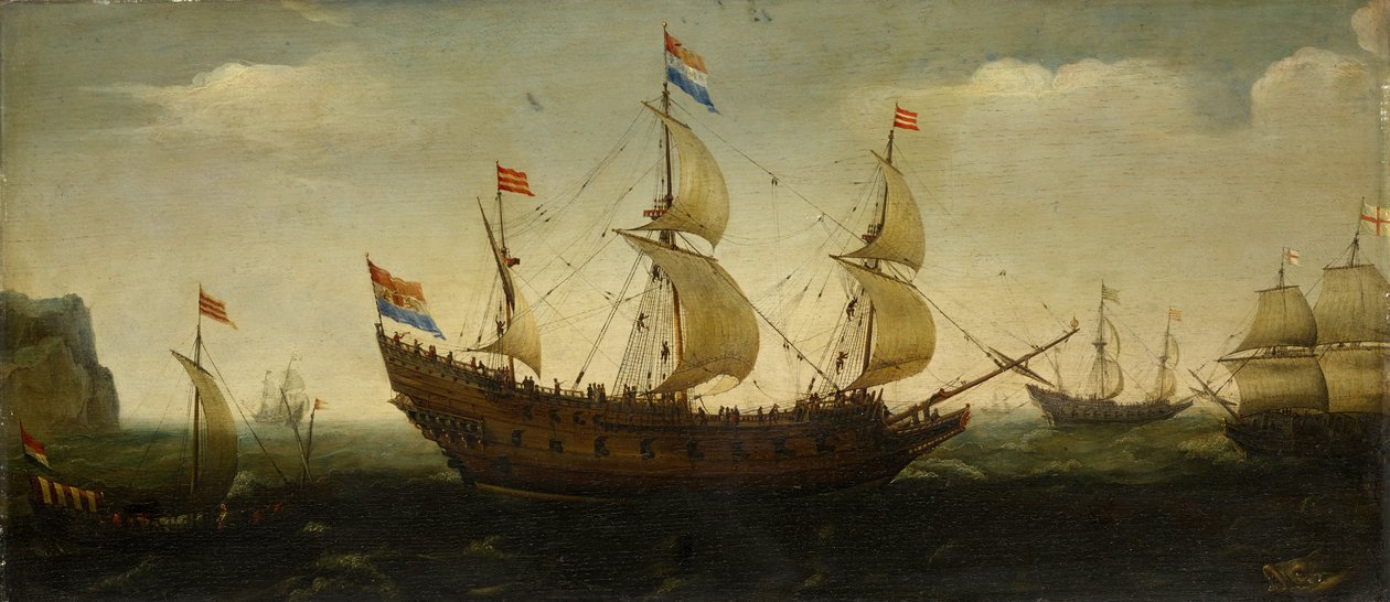 Niederländische Dreimaster und andere Schiffe vor der Küste von Hendrick Cornelisz. Vroom