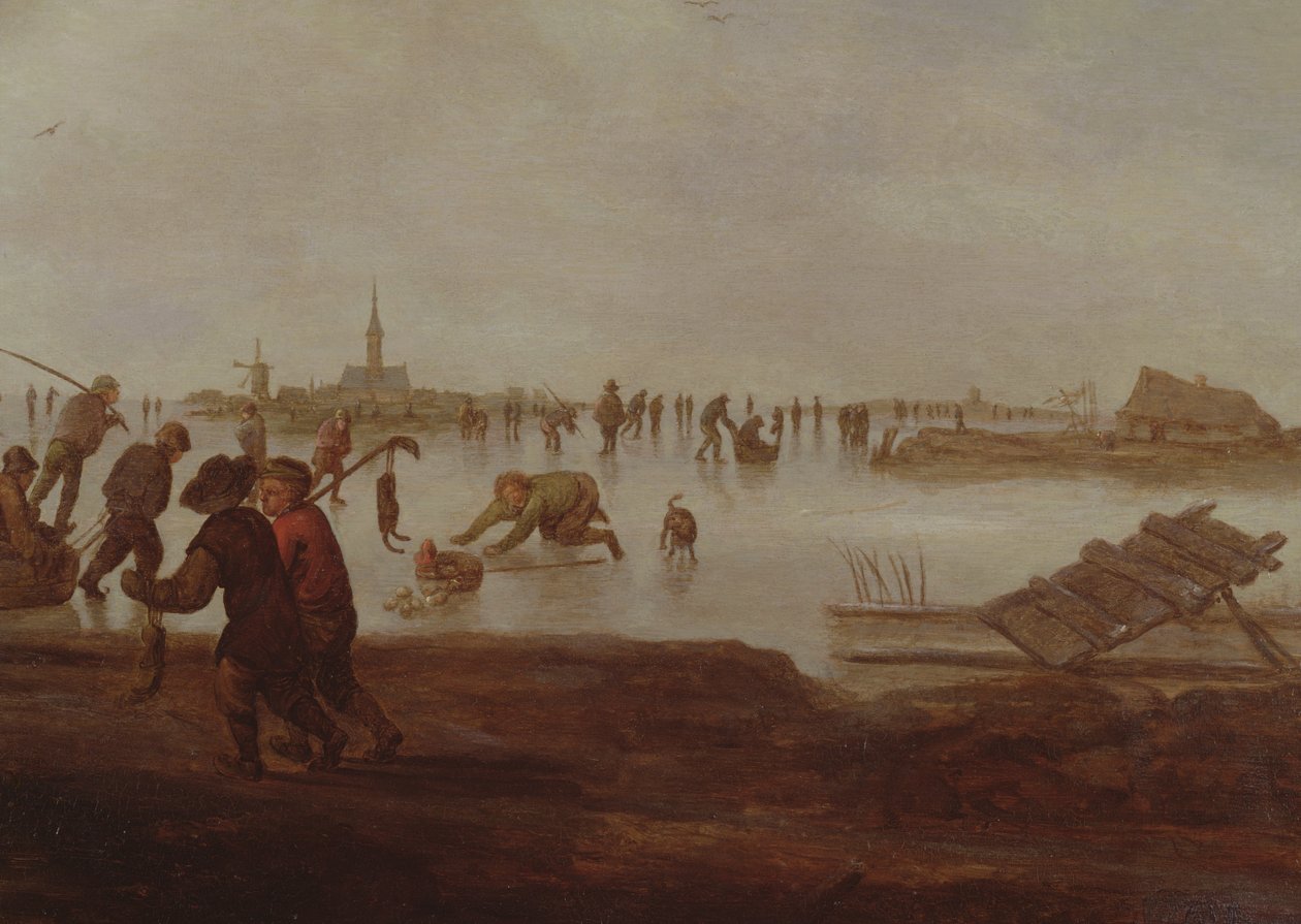 Figuren, die auf gefrorenem Wasser Schlittschuh laufen, 17. Jahrhundert von Hendrick Avercamp