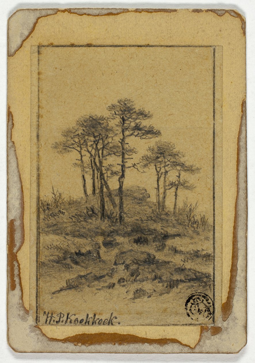 Bäume auf felsigem Hügel von Hendrik Pieter Koekkoek
