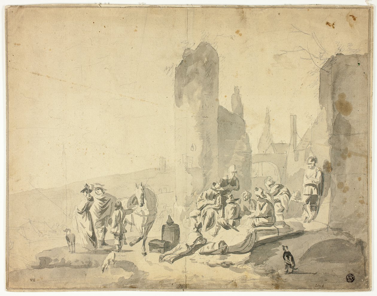 Hafenszene mit verschiedenen Figuren von Hendrik Verschuring