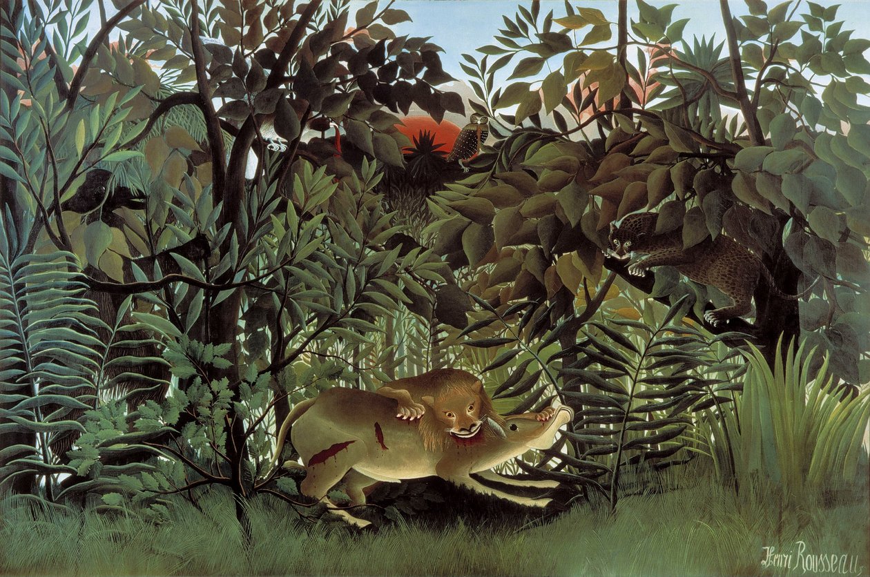 Der hungrige Löwe greift eine Antilope an von Henri Rousseau