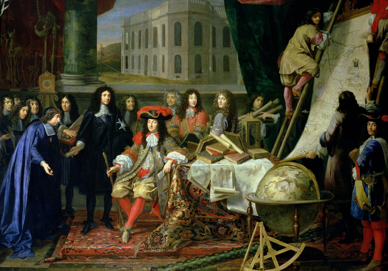 Jean-Baptiste Colbert (1619-83) stellt die Mitglieder der Königlichen Akademie der Wissenschaften Ludwig XIV. (1638-1715) vor, ca. 1667 (Detail) von Henri Testelin