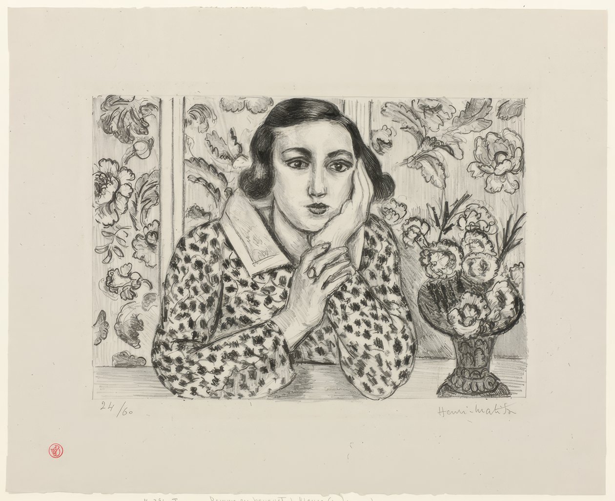 Junges Mädchen, das sich an blühendem Paravent lehnt von Henri Matisse