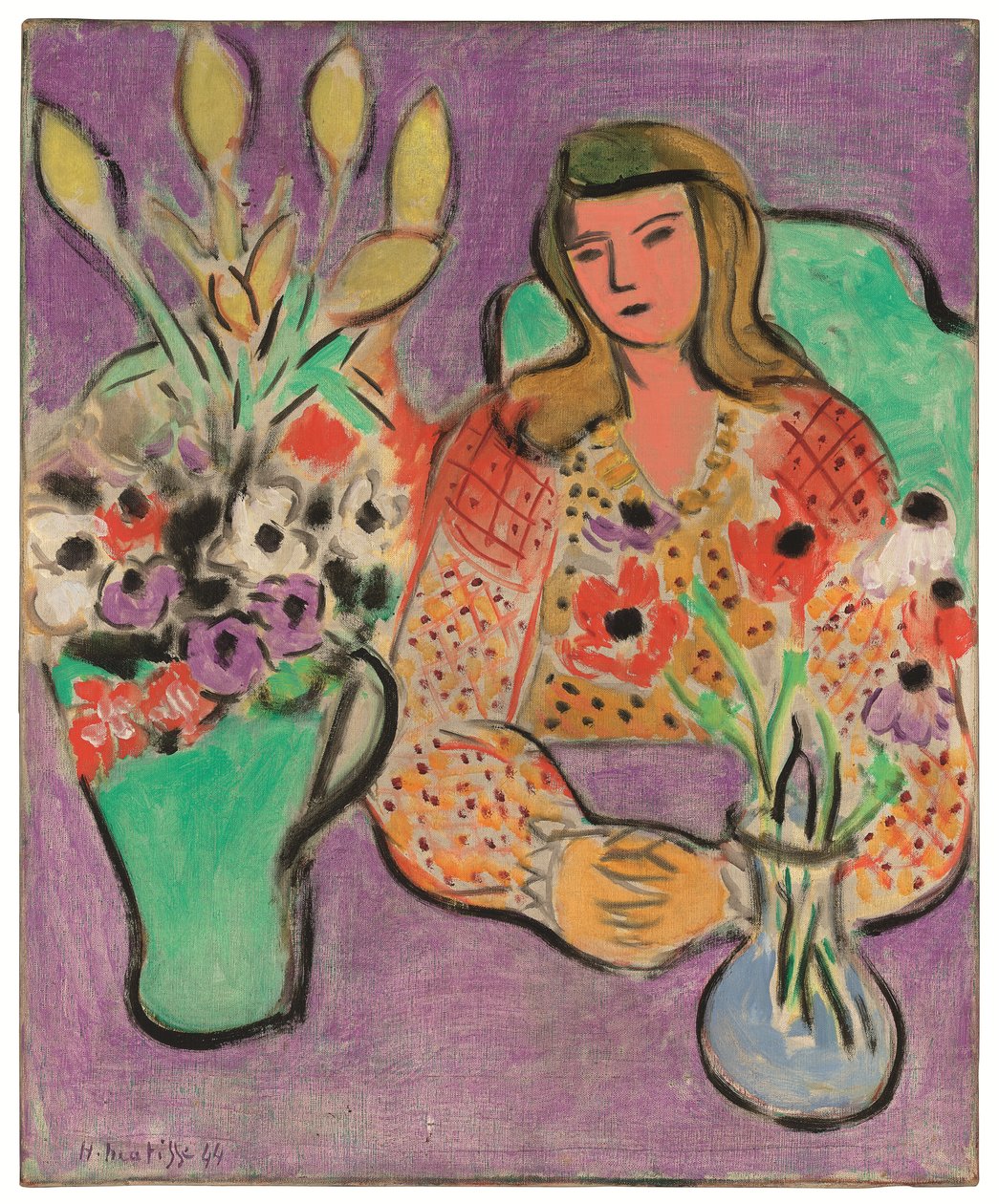 Junge Frau mit Anemonen auf lila Hintergrund von Henri Matisse