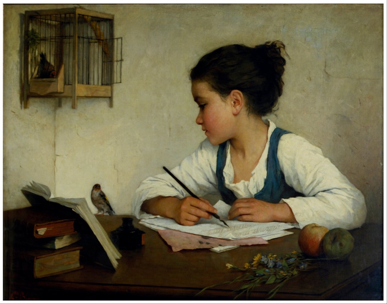 Ein Mädchen schreibt; Der Haustier-Goldfink von Henriette Browne