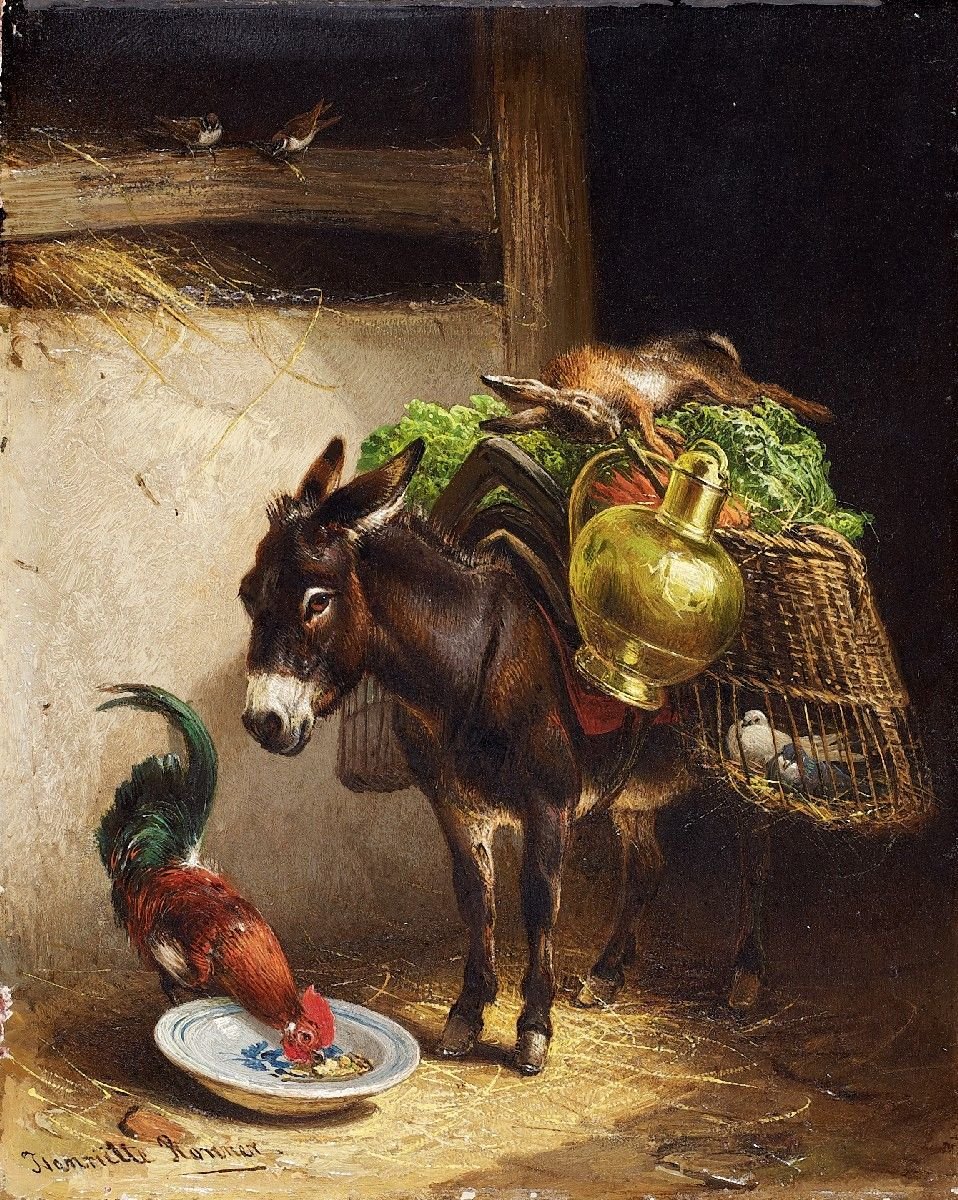 Esel und Hahn im Stall von Henriëtte Ronner Knip