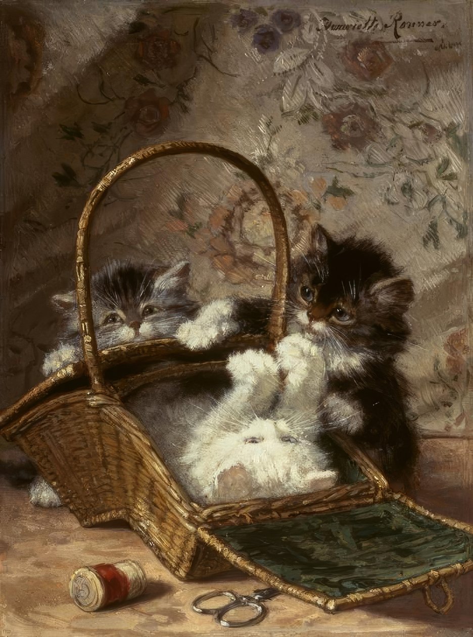 Junge Katzen mit einem Nähkorb von Henriëtte Ronner Knip