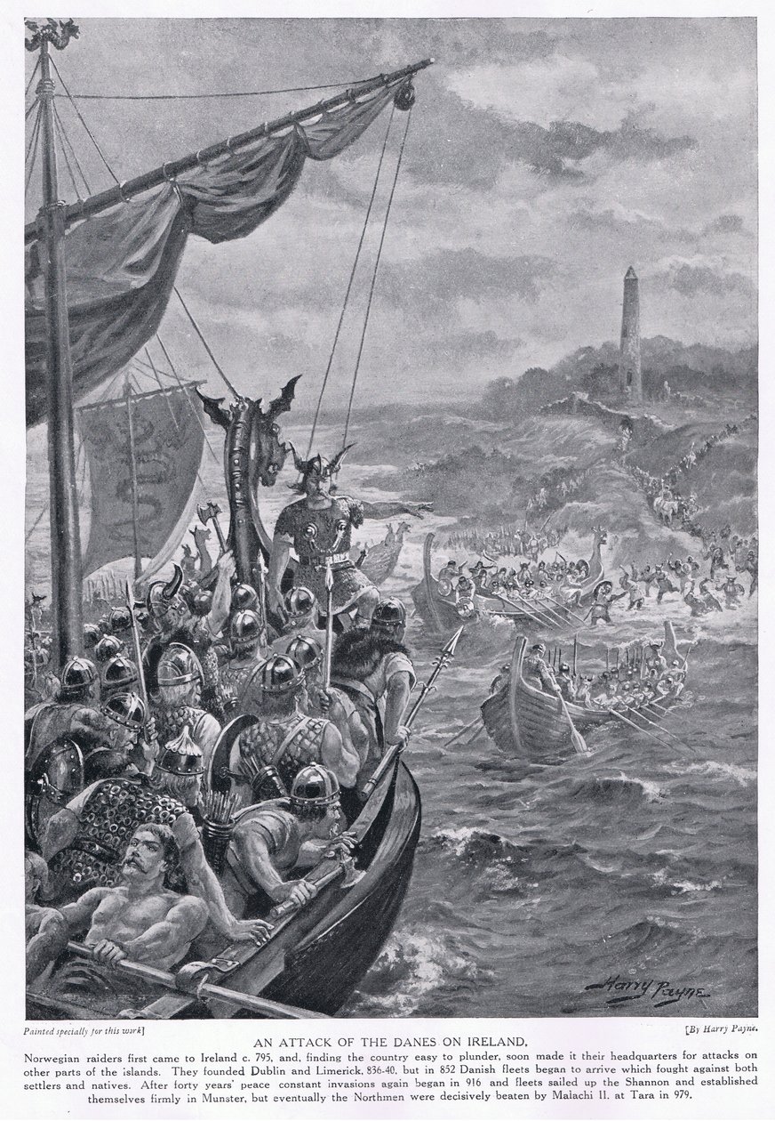 Ein Angriff der Dänen auf Irland um 795 n. Chr., 1920er Jahre von Henry A. Payne